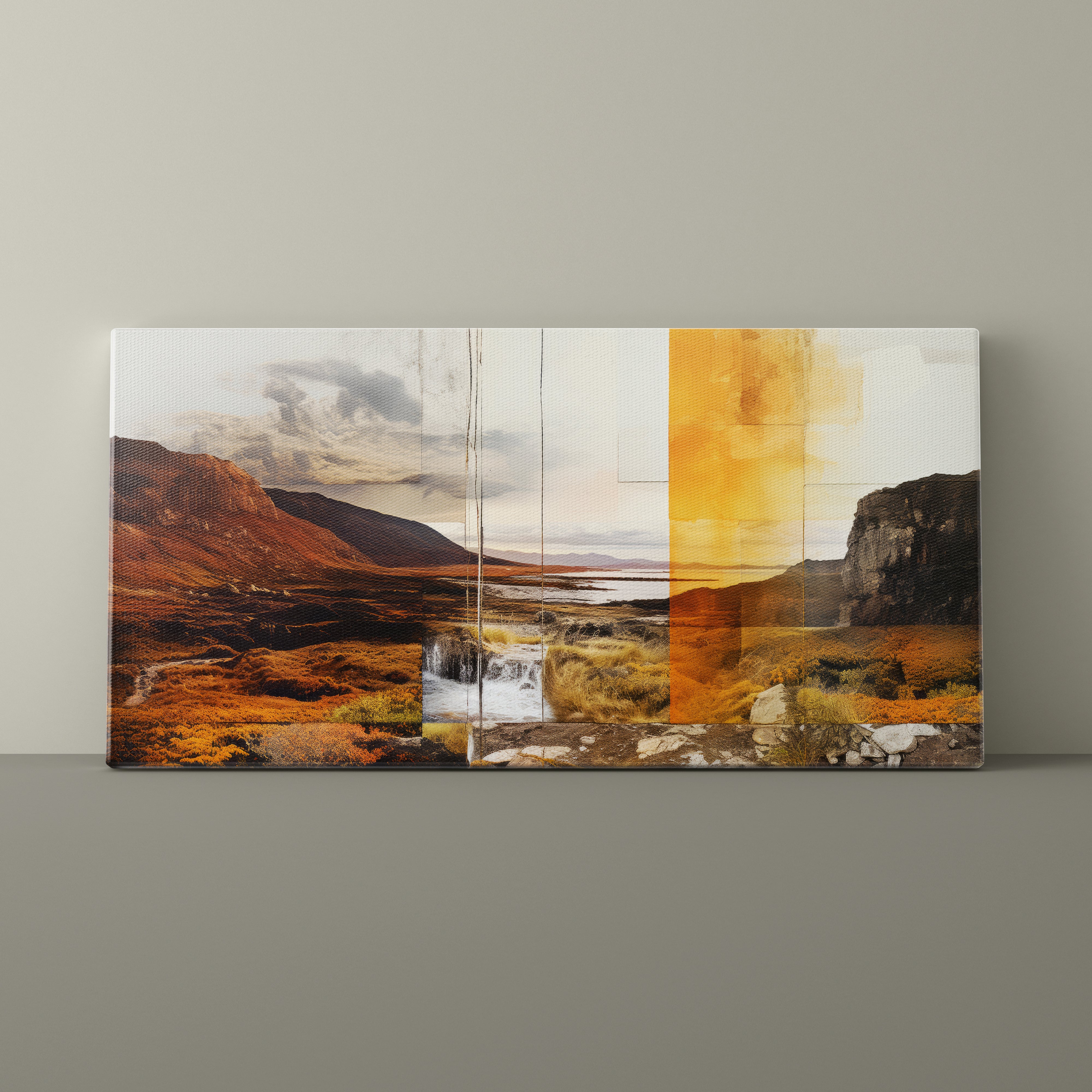 Multiframe landscape painting on a gray wall