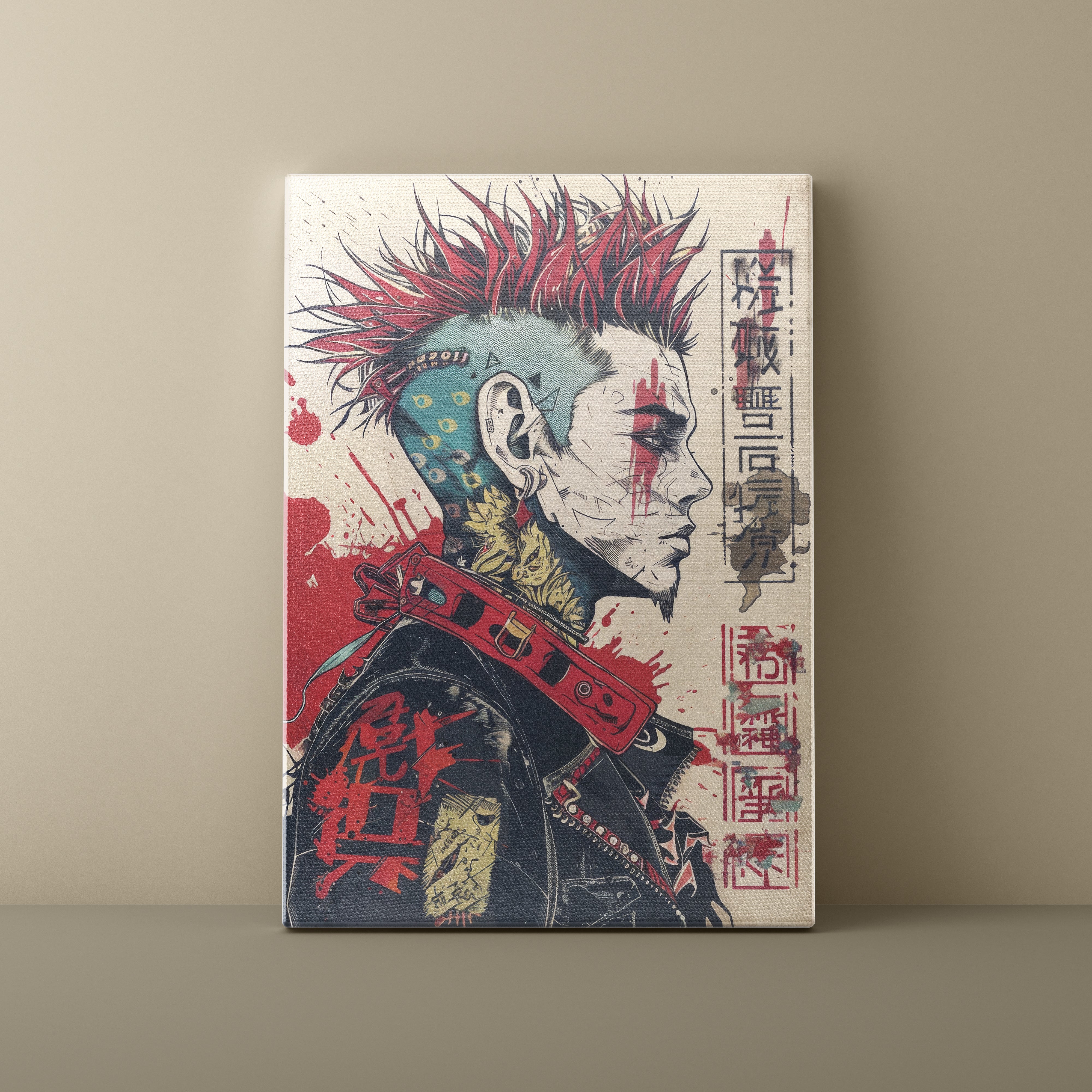 Canvas print of a stylized portrait with red and blue accents on a beige wall.