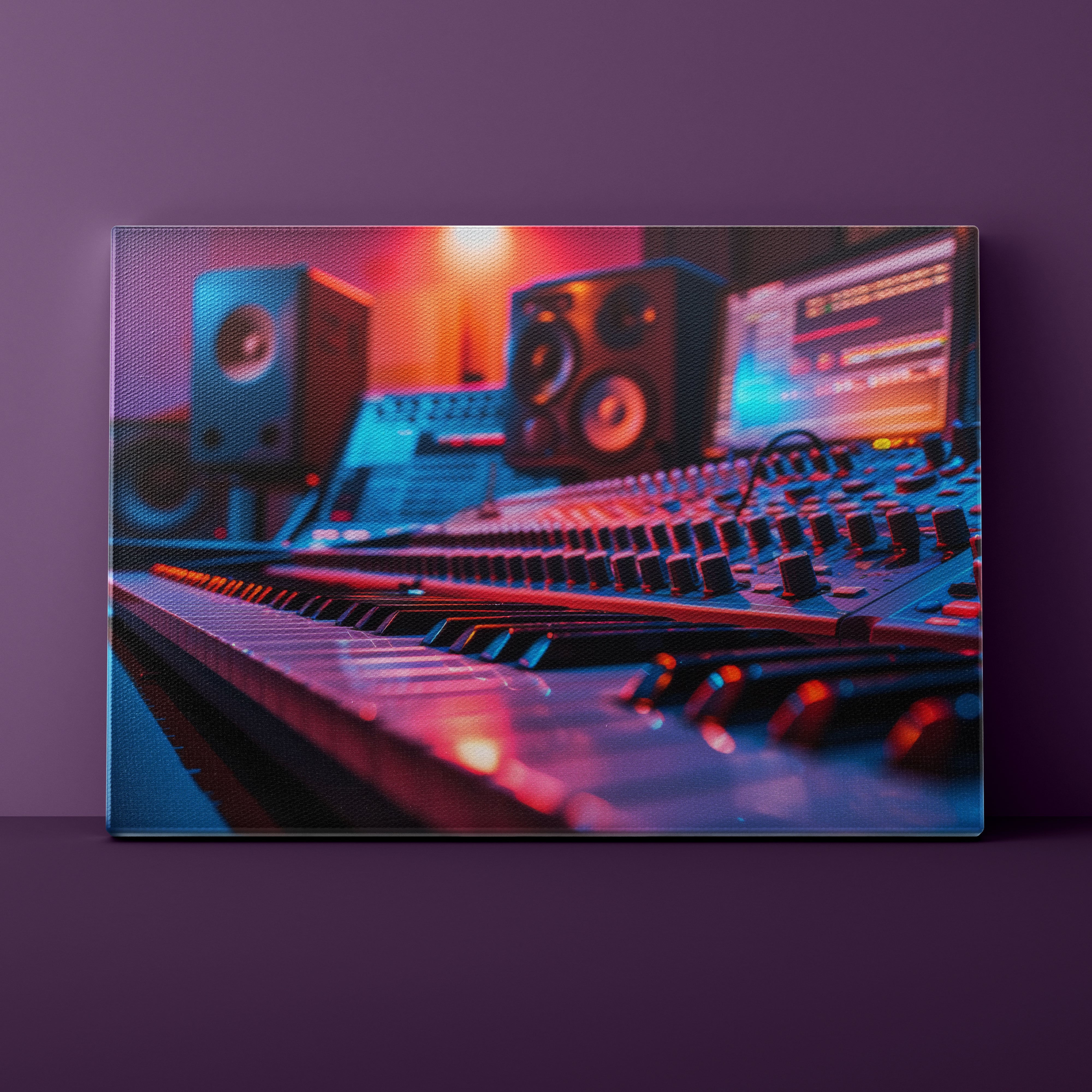 Canvas print of a music studio setup with keyboard, speakers, and computer on a purple wall.