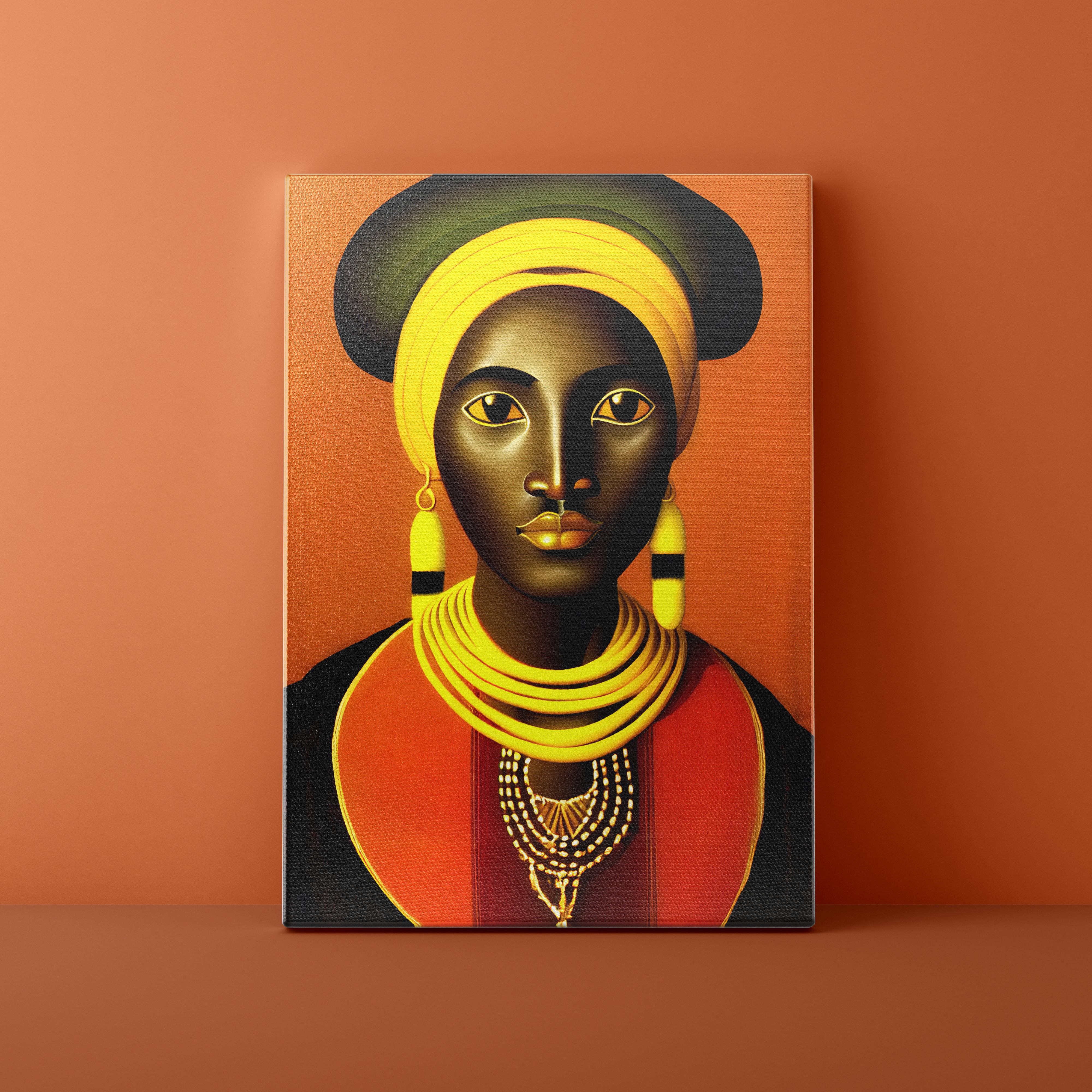 Canvas print of a stylized portrait with vibrant colors on an orange background
