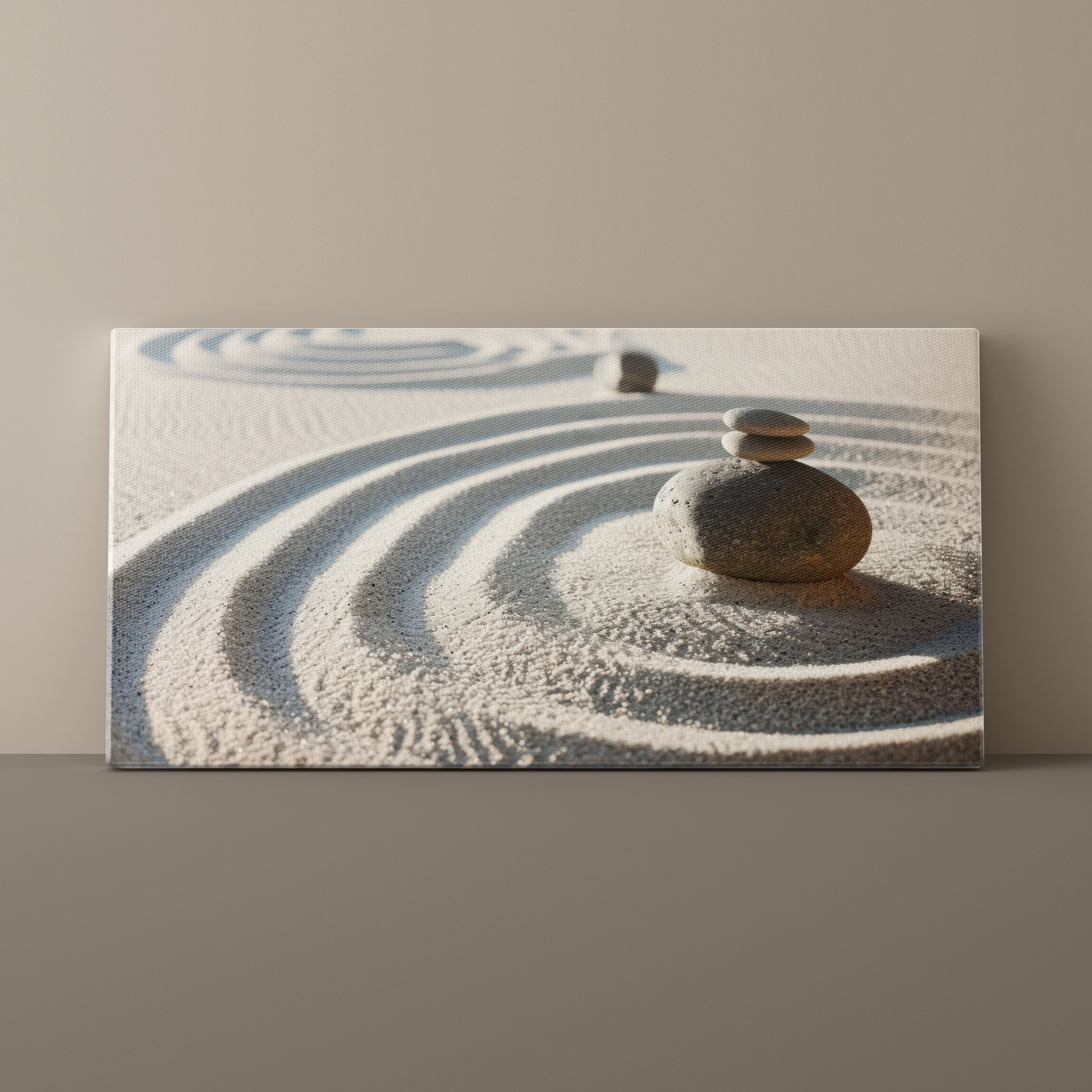 Canvas print of a Zen garden with stones and sand on a beige wall.