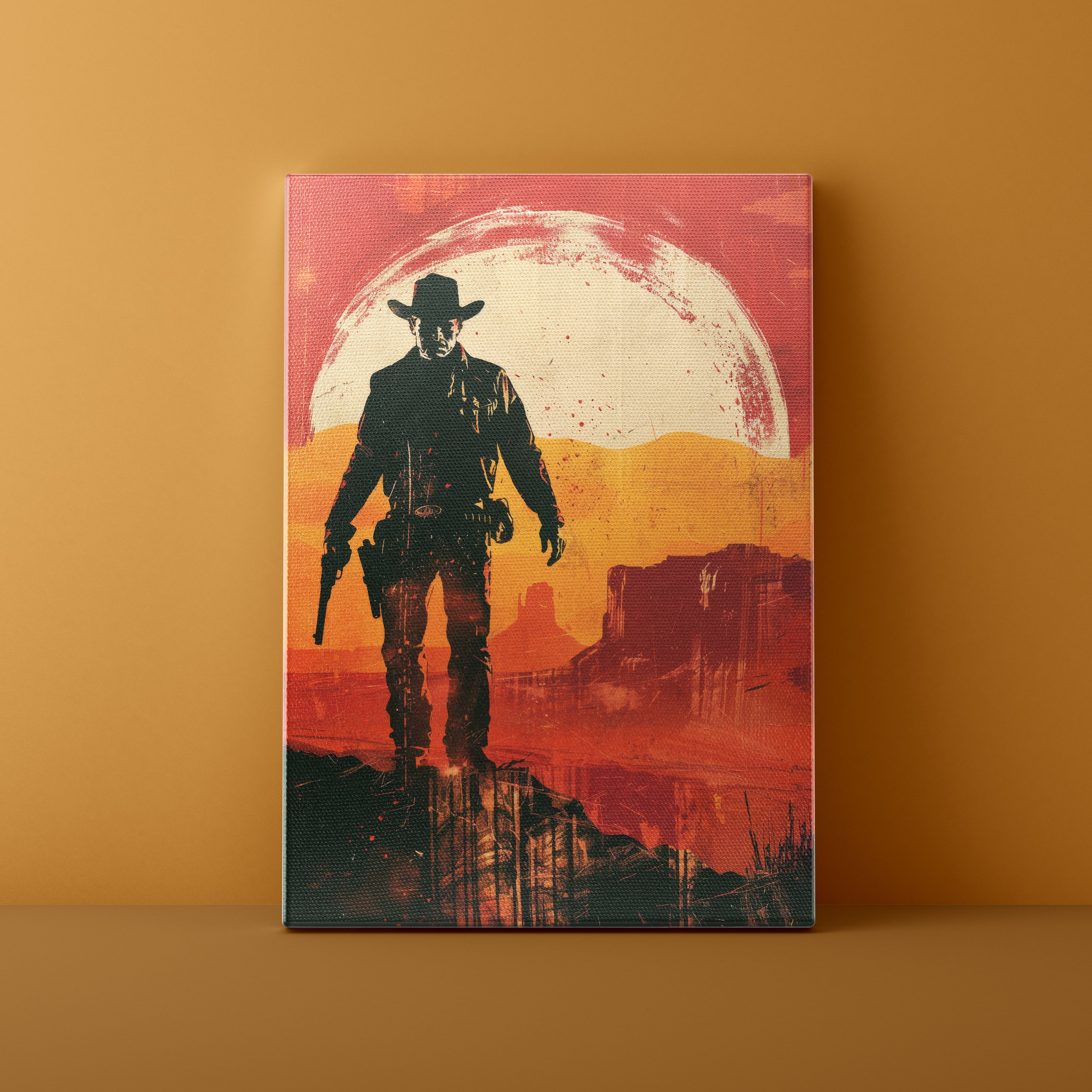 Canvas print of a cowboy silhouette against a desert landscape with a large moon on a yellow wall.
