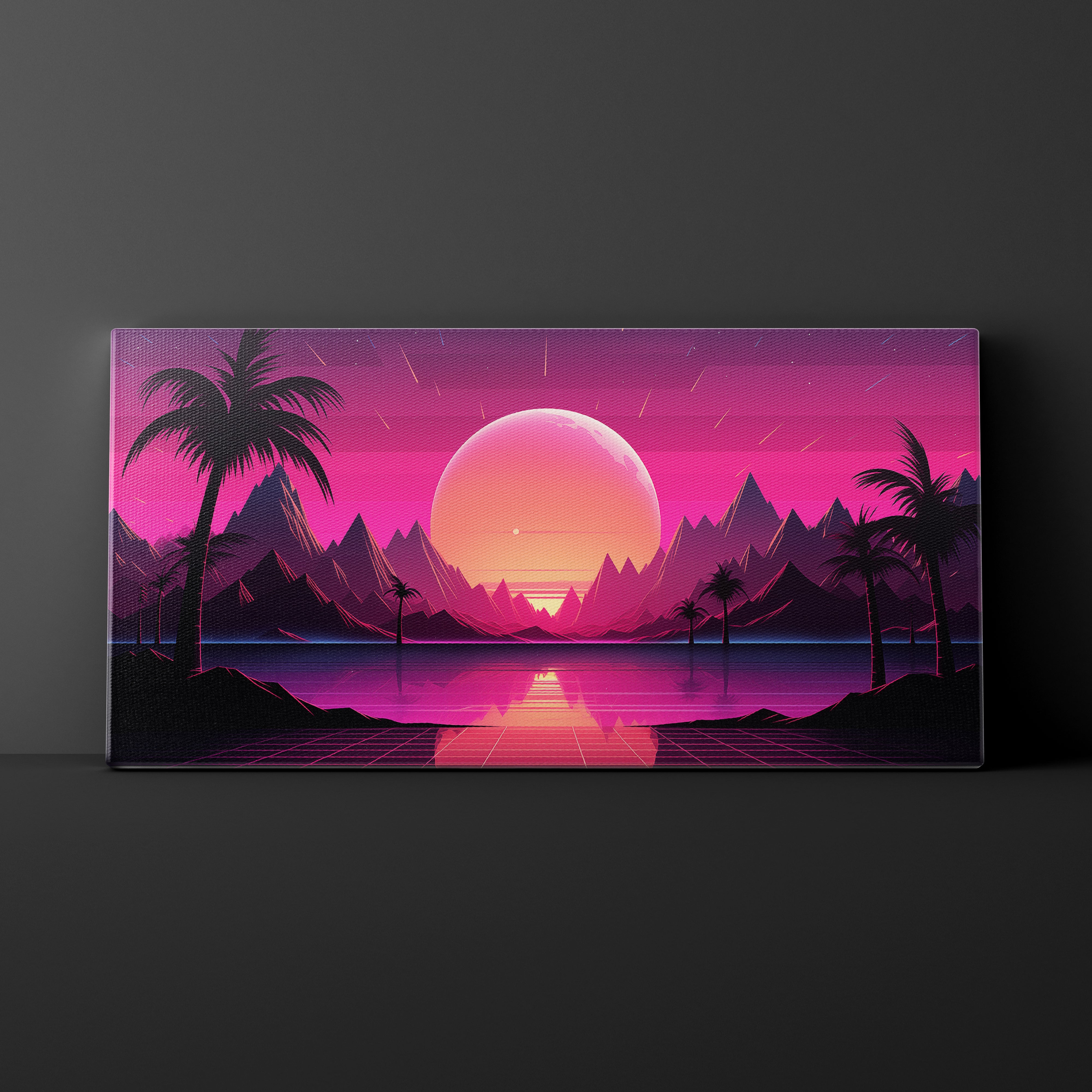 Canvas print of a futuristic landscape with a pink sun, mountains, and palm trees on a dark background.