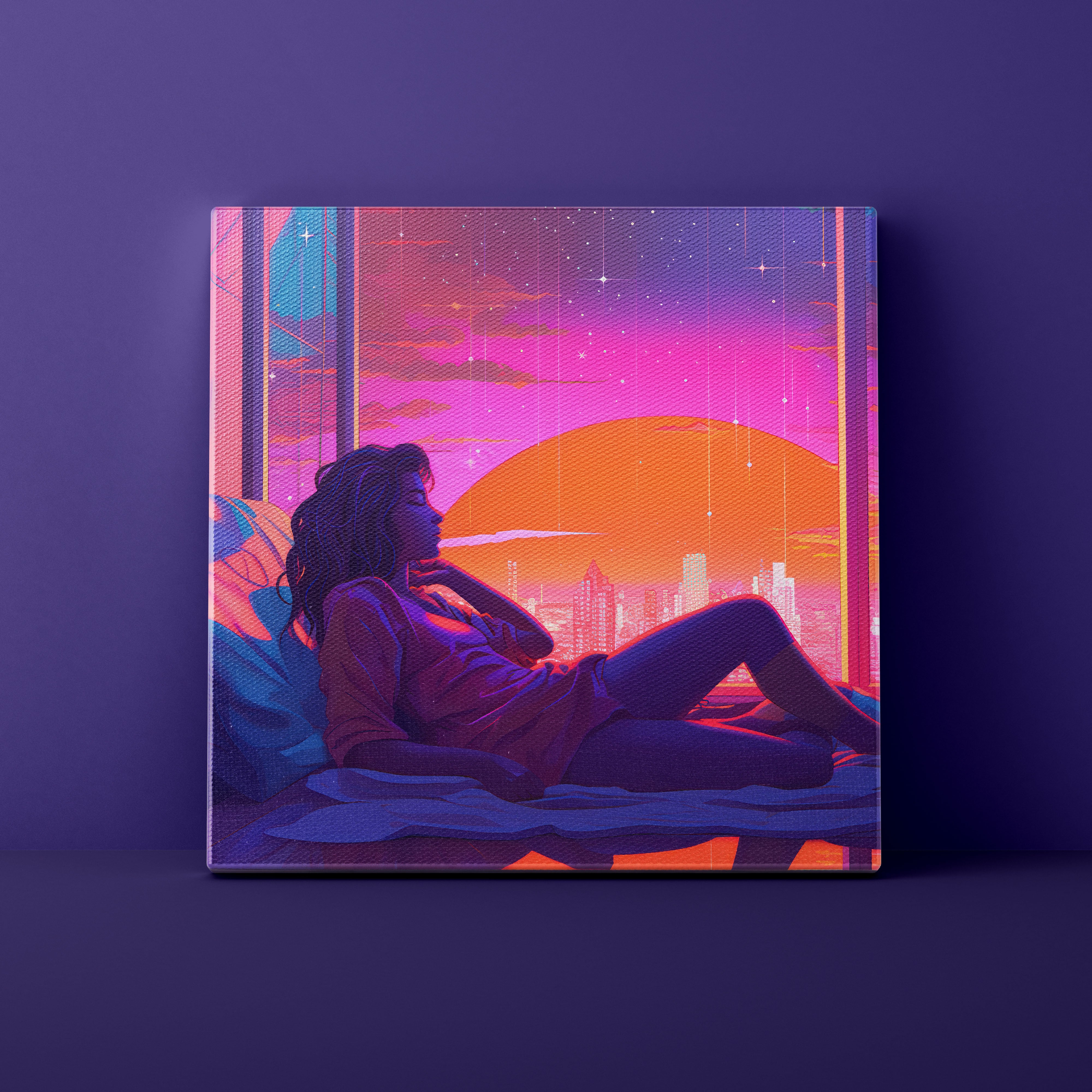 Canvas print of a woman sitting on a bed looking out a window at a futuristic cityscape with a pink and orange sunset.