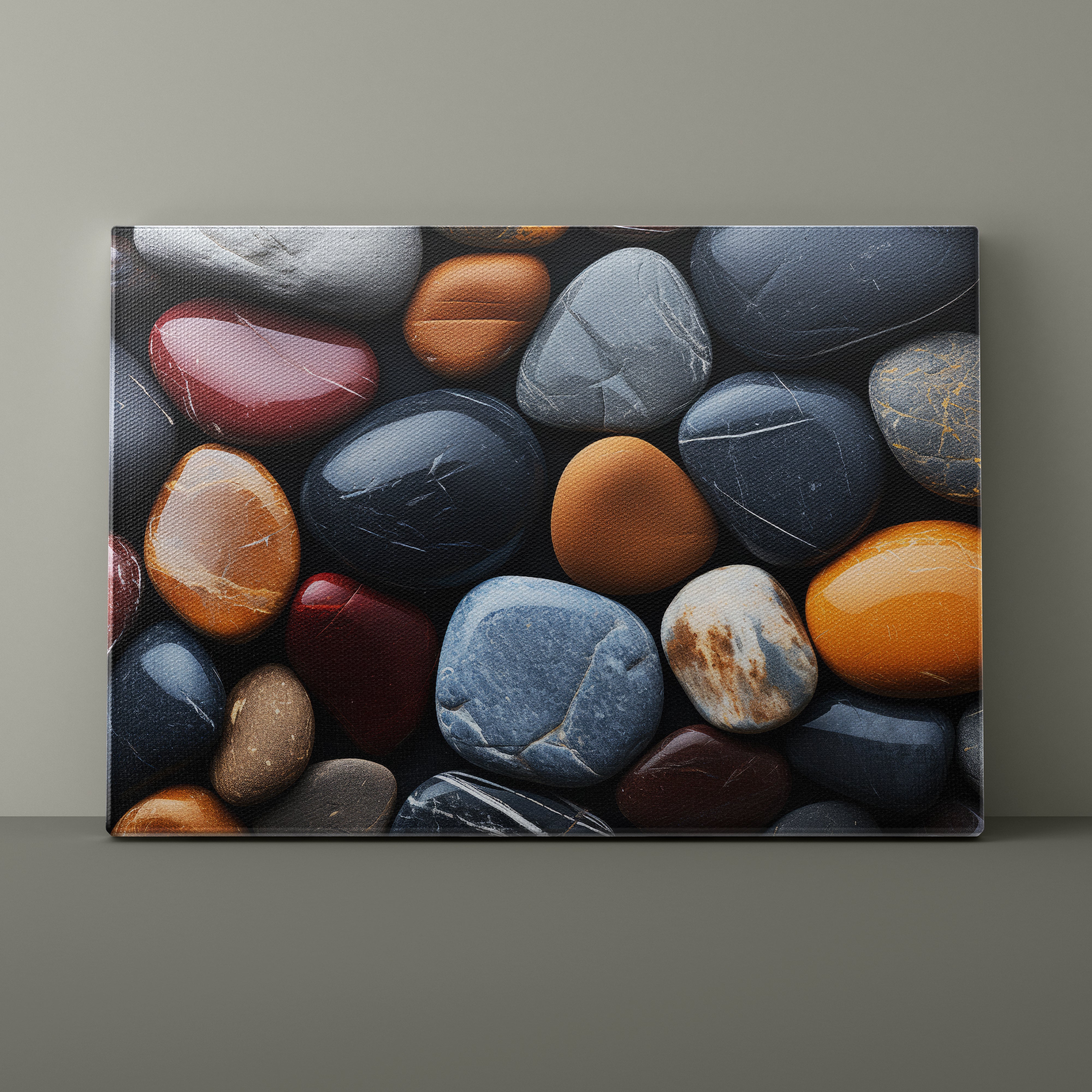 Canvas print of multicolored stones against a gray background