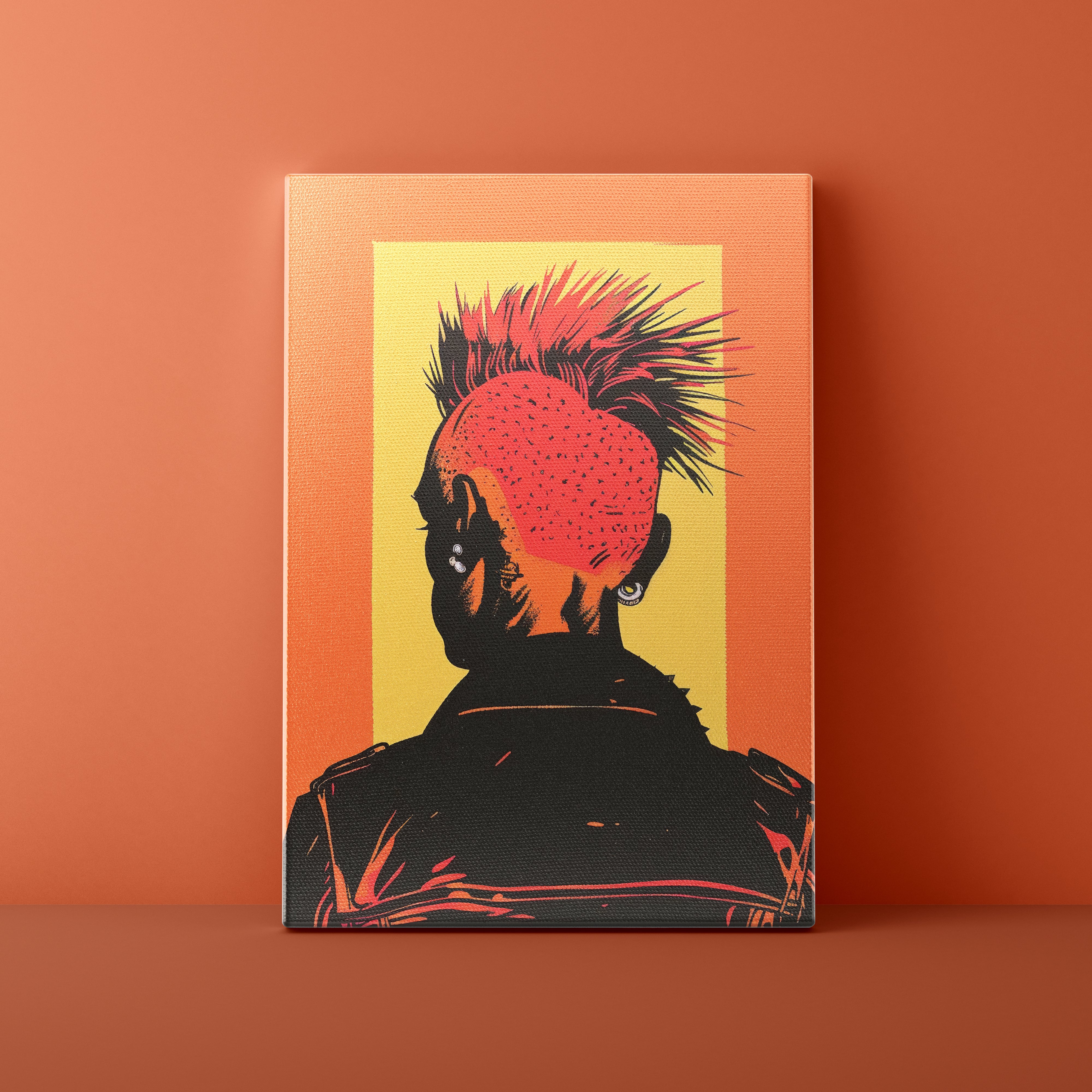 Canvas print with a stylized illustration of a person with a mohawk against an orange gradient background