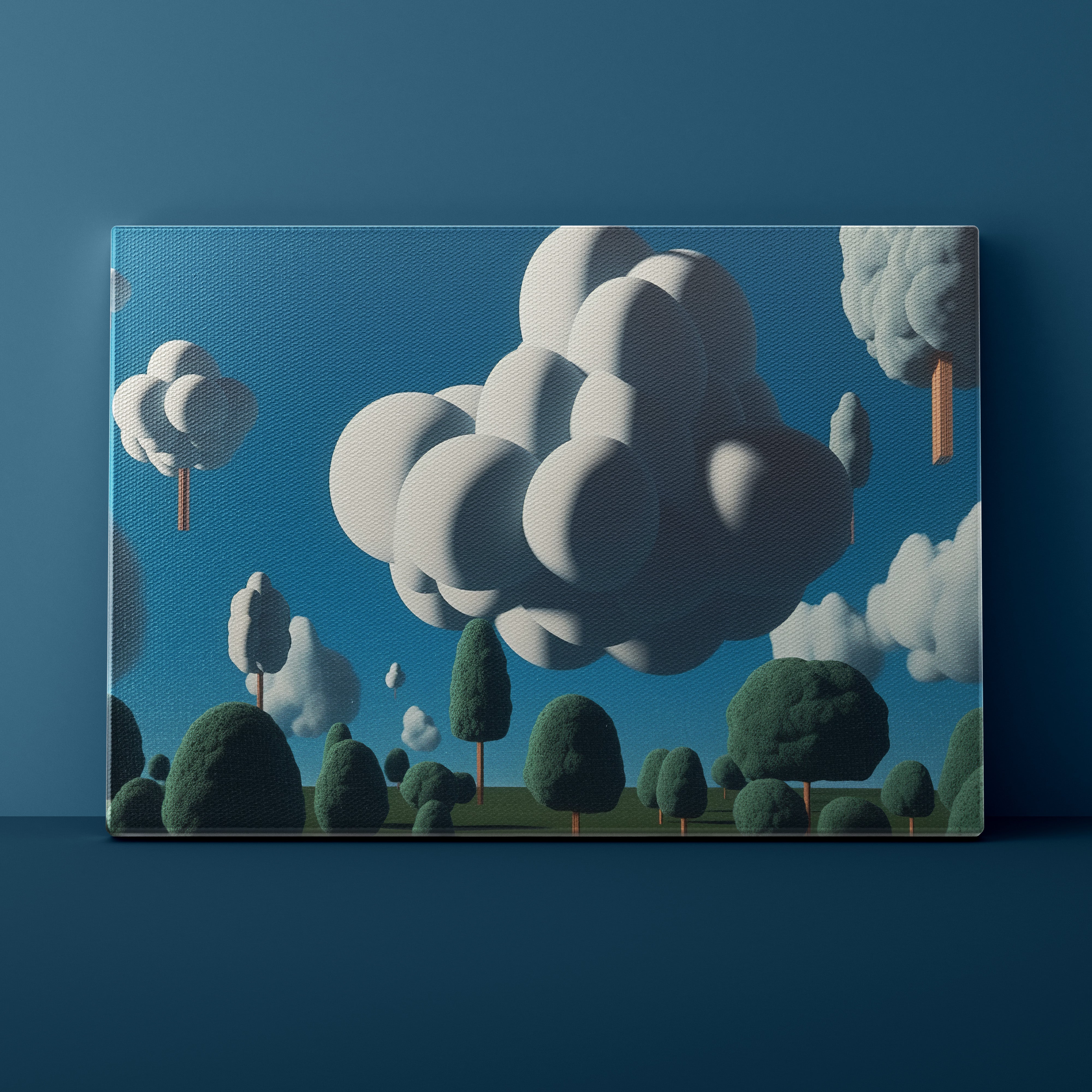 Canvas print of a stylized landscape with trees and clouds on a blue background