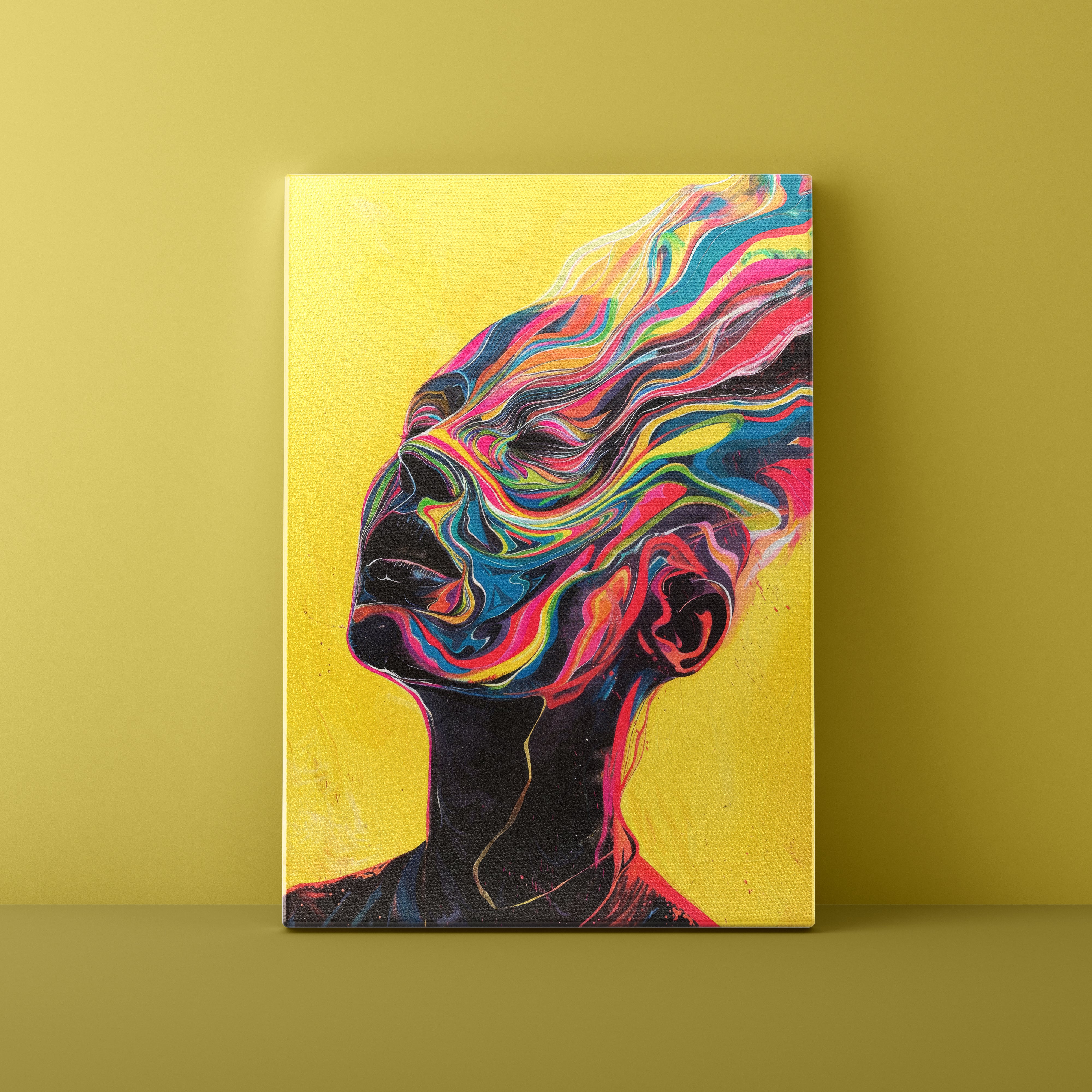 Canvas print of a colorful abstract art piece on a yellow background