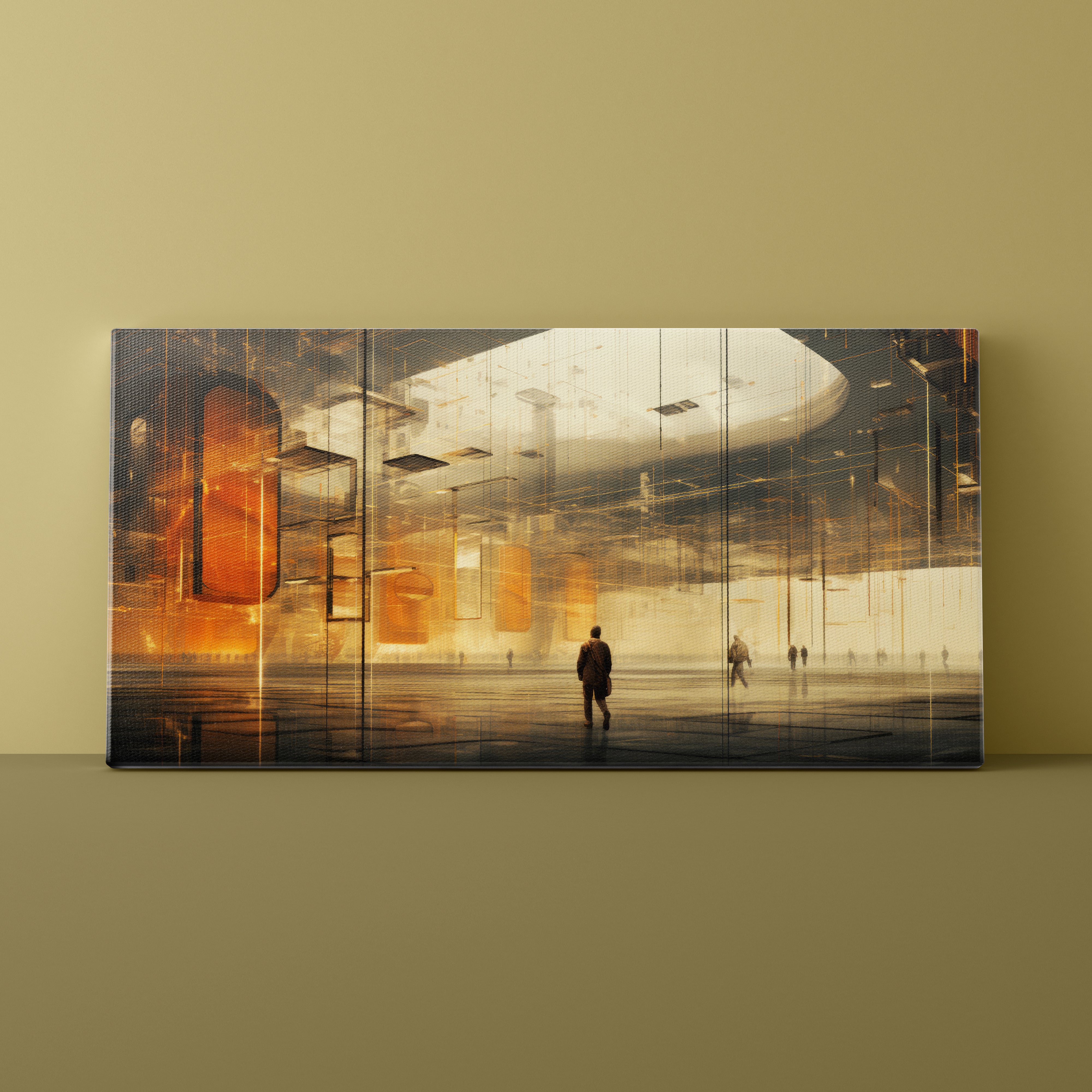 Modern abstract artwork on a wall with a person walking towards a futuristic building.