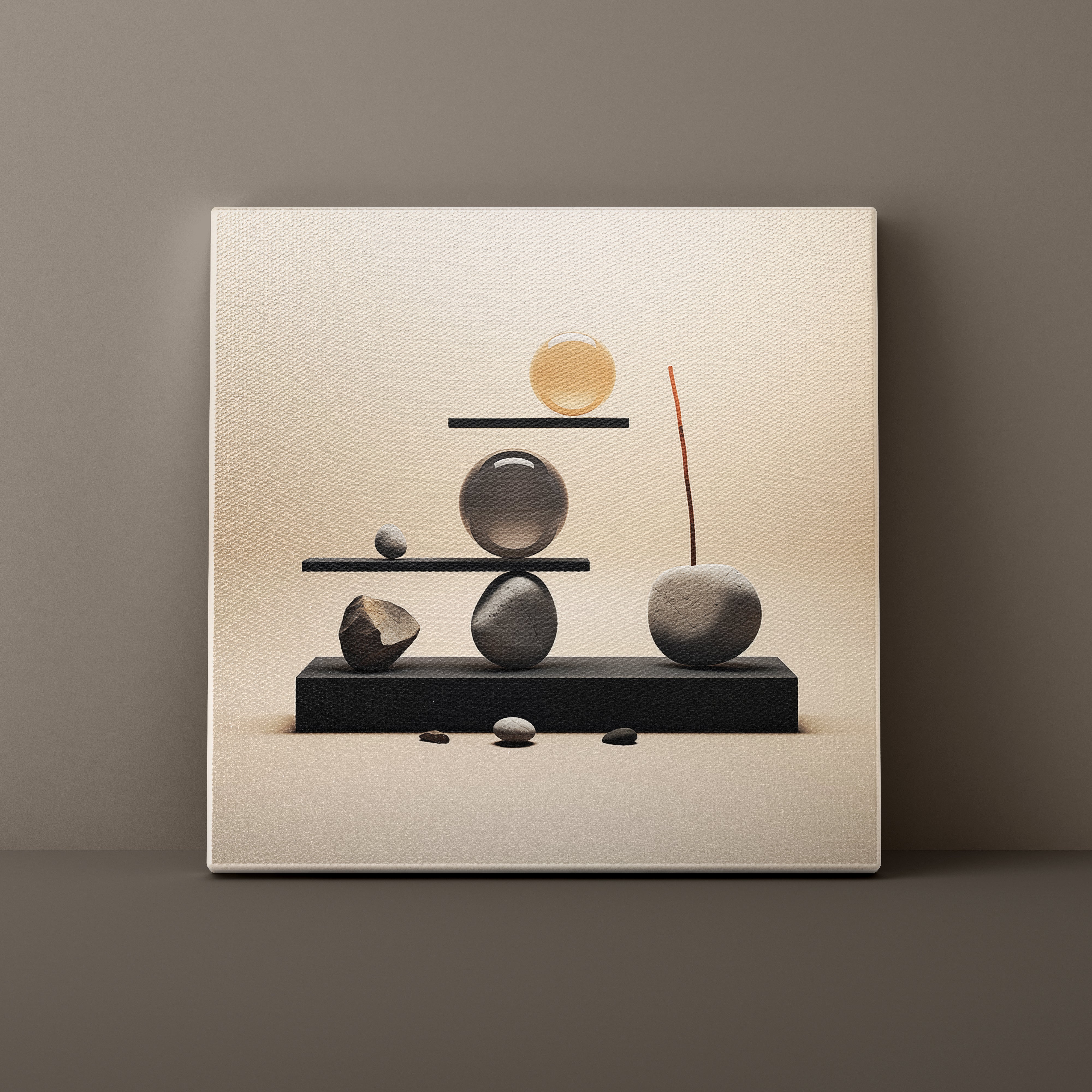Canvas print of a still life arrangement with stones and a plant on a beige background