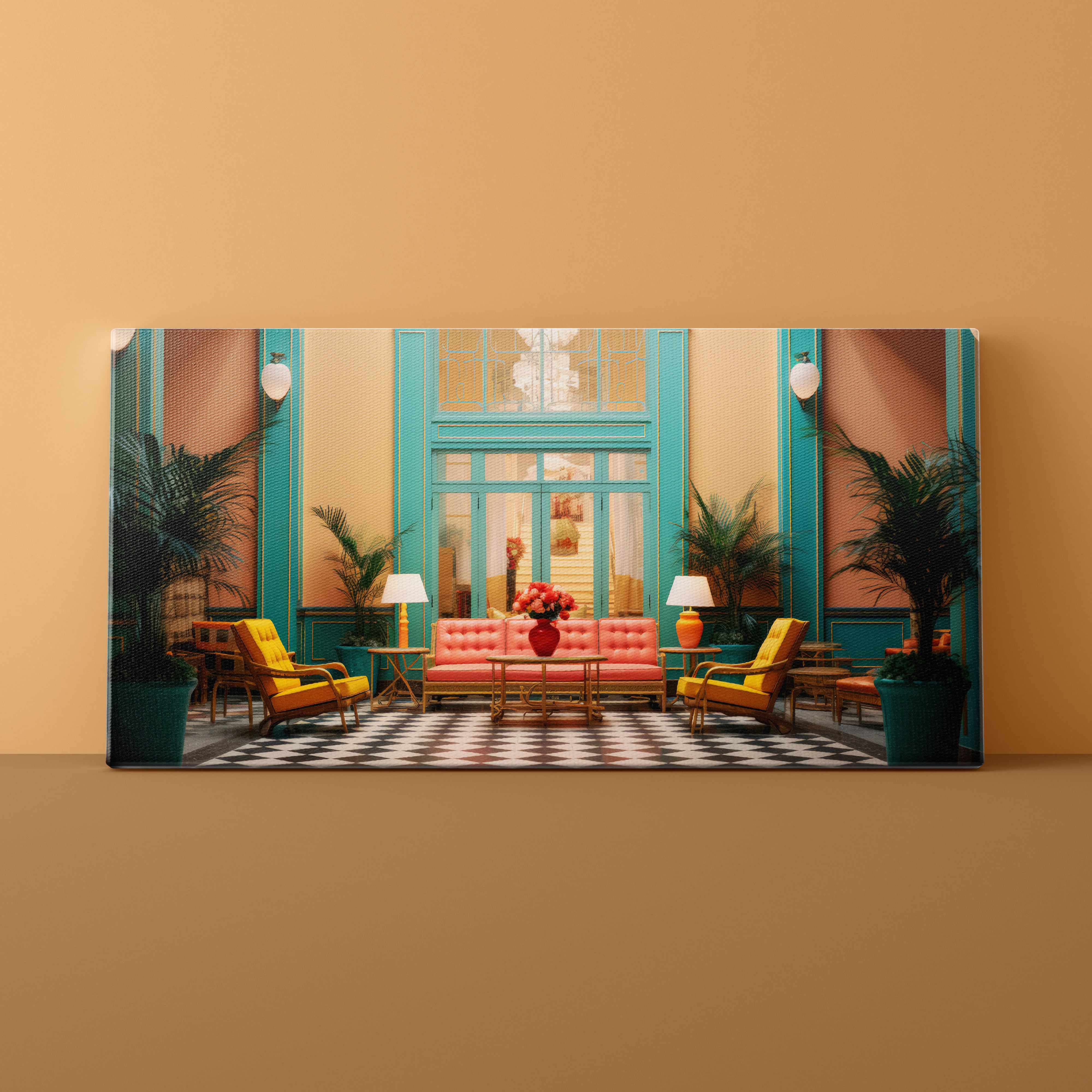 Canvas print of a colorful living room with a pink sofa, yellow chairs, and a checkered floor.