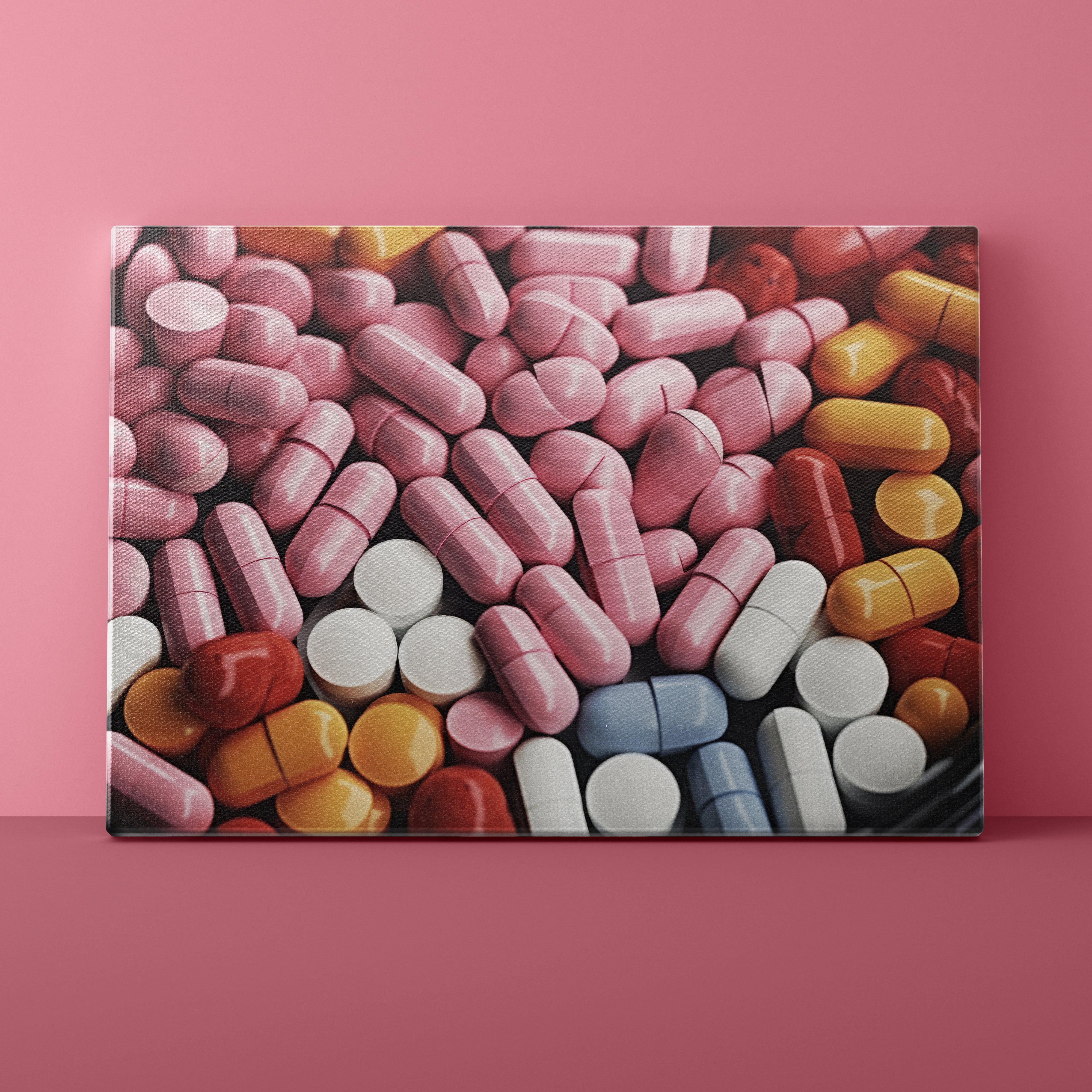 Canvas print of colorful pills against a pink background