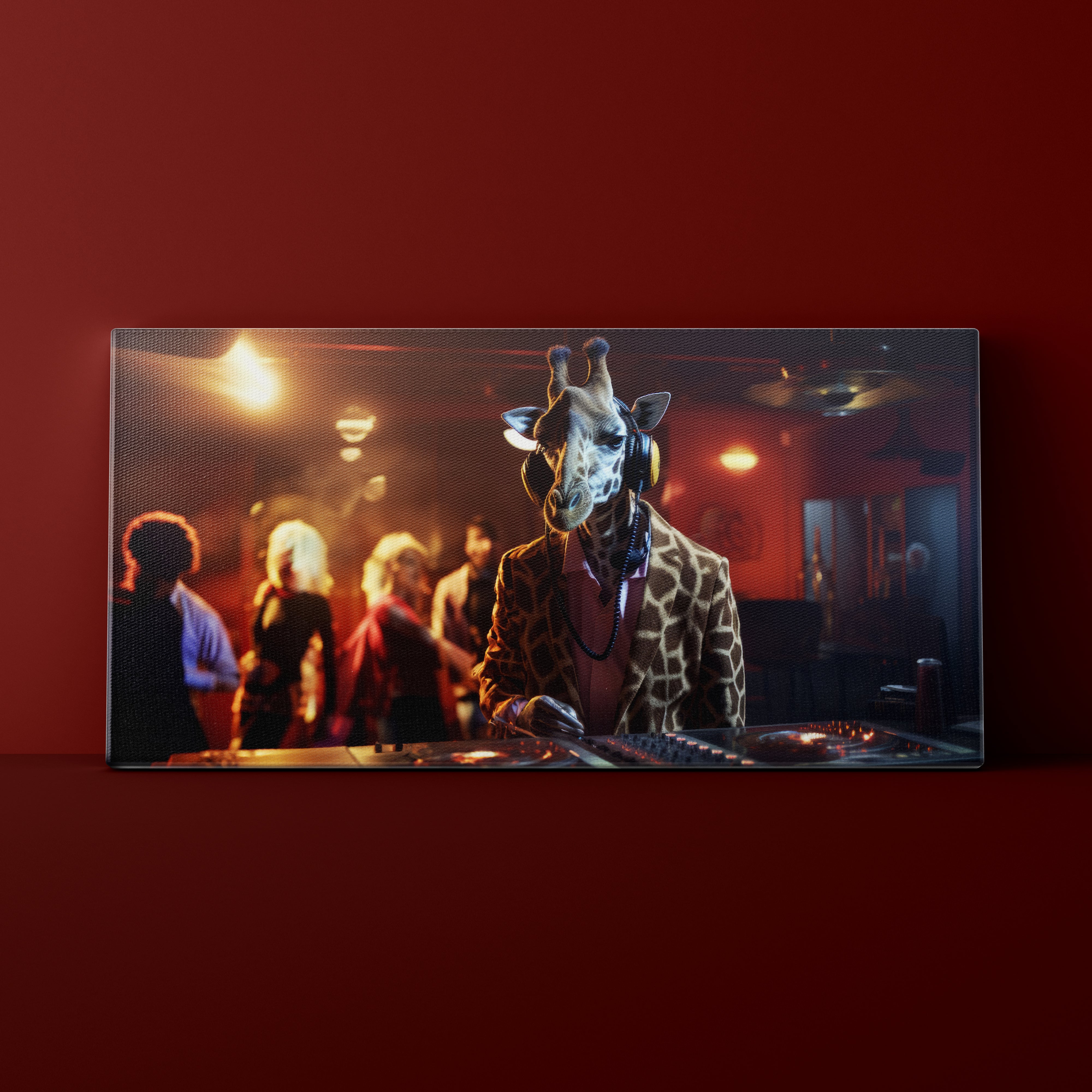 Giraffe DJ at a party with people in the background