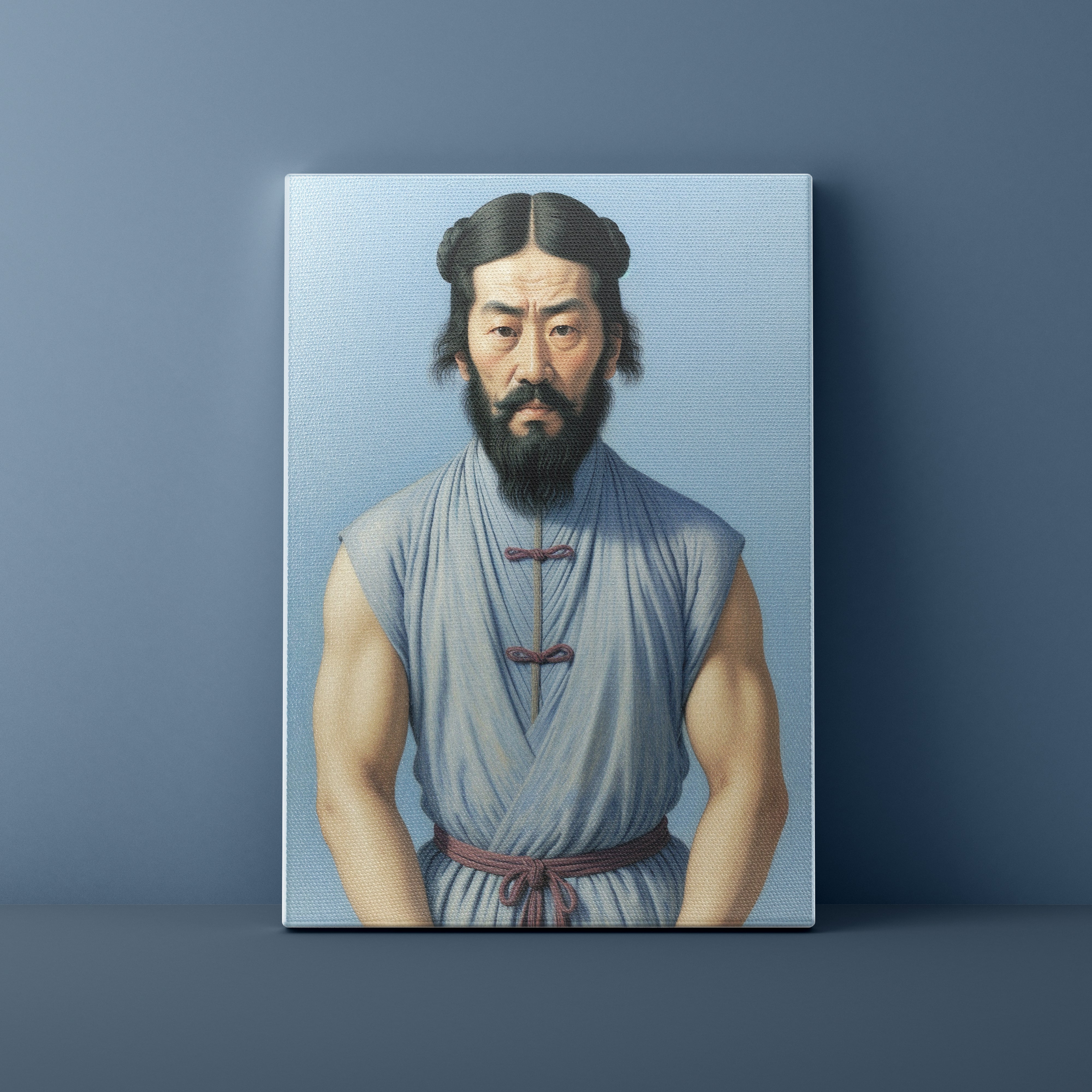 Canvas print of a man in traditional attire against a blue background