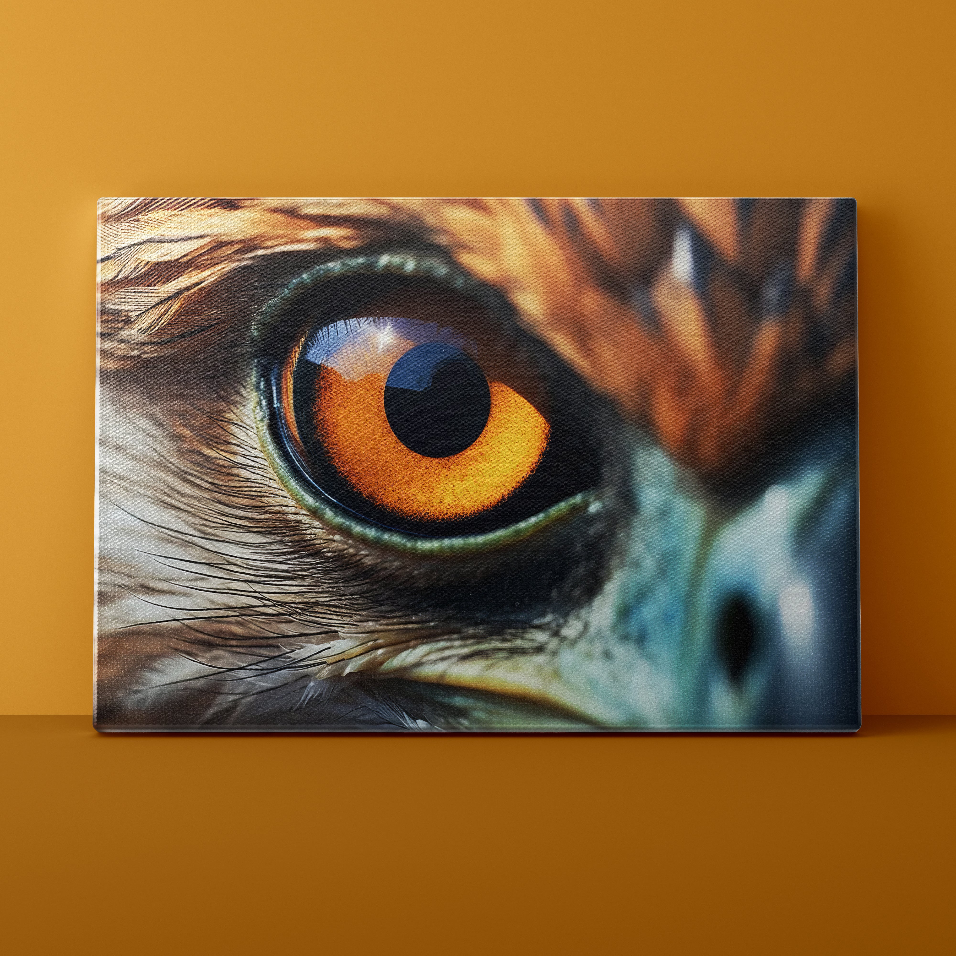 Close-up of a bird's eye with detailed feathers on an orange background