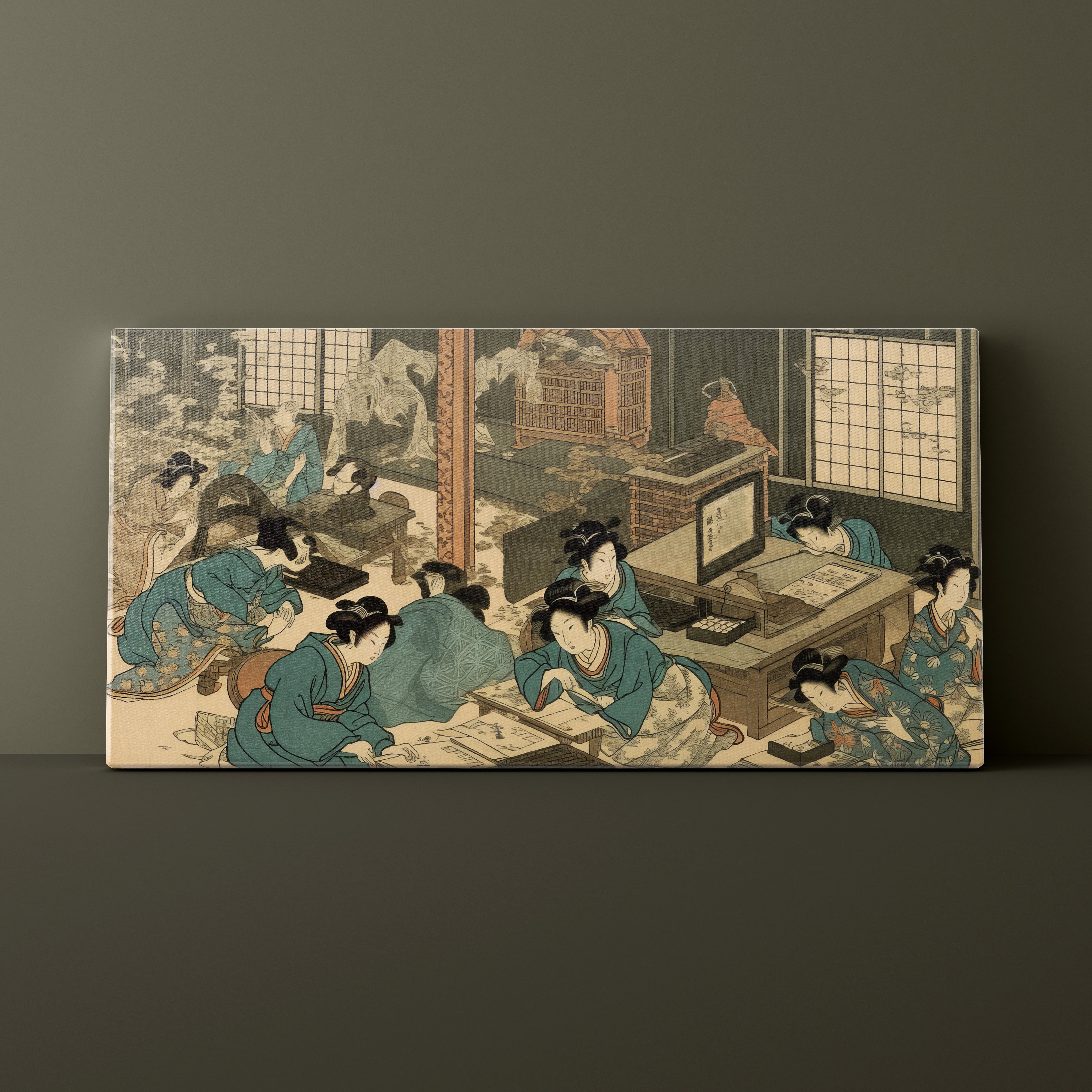 Canvas print with traditional Japanese scene featuring people around a desk with a computer.