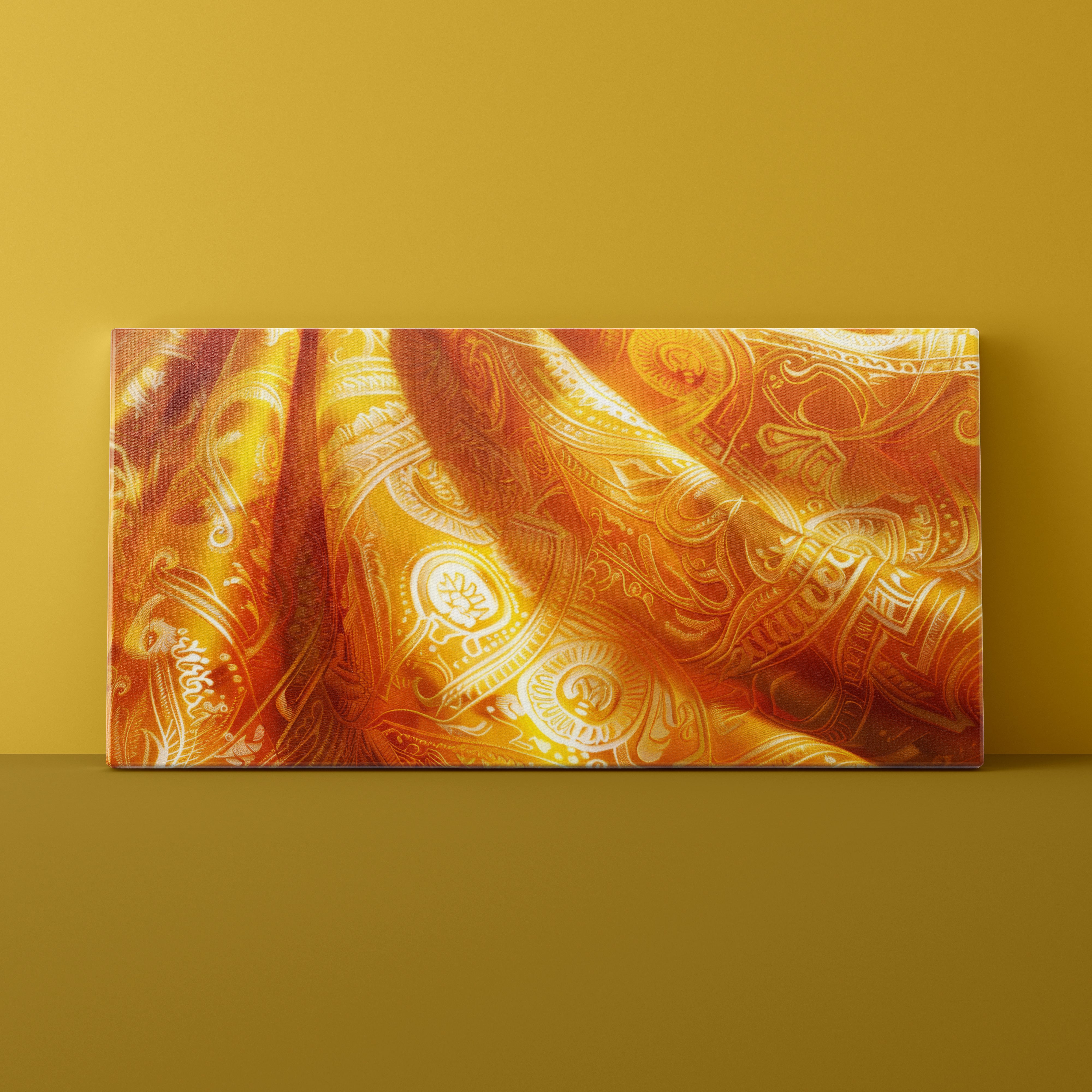 Decorative fabric with intricate patterns on a yellow background