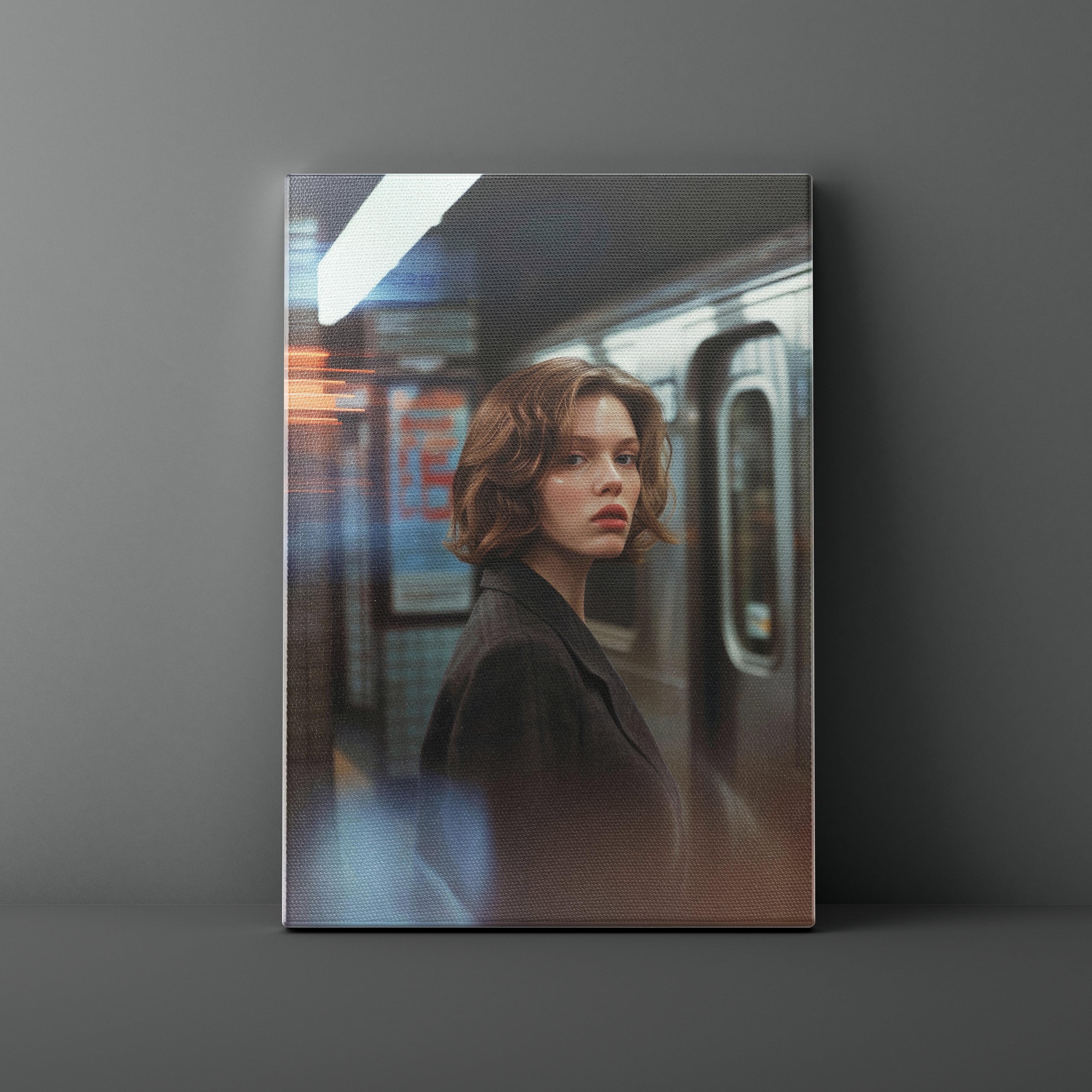 Framed photograph of a woman in a subway car on a gray background