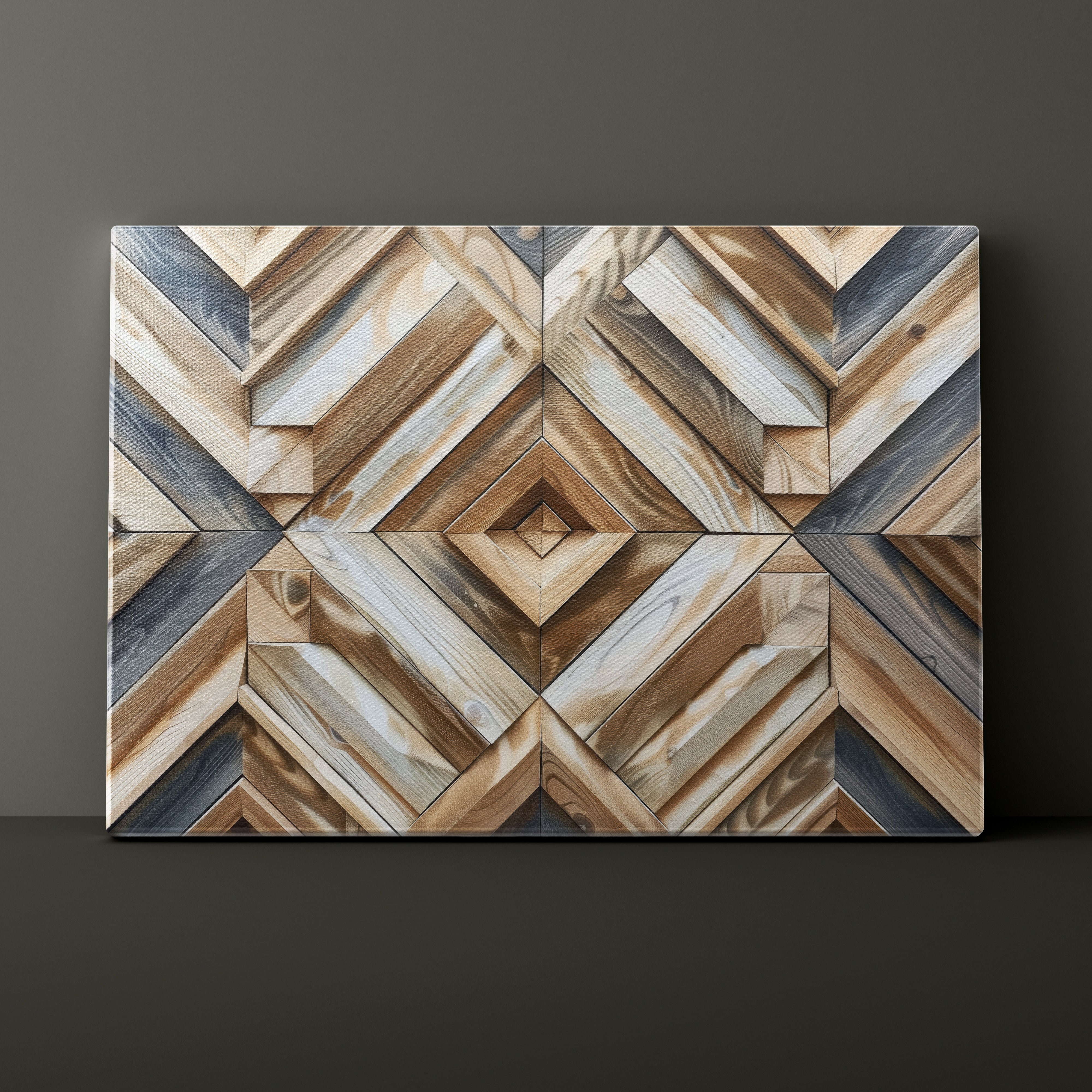 Wooden wall art with geometric pattern on a dark background