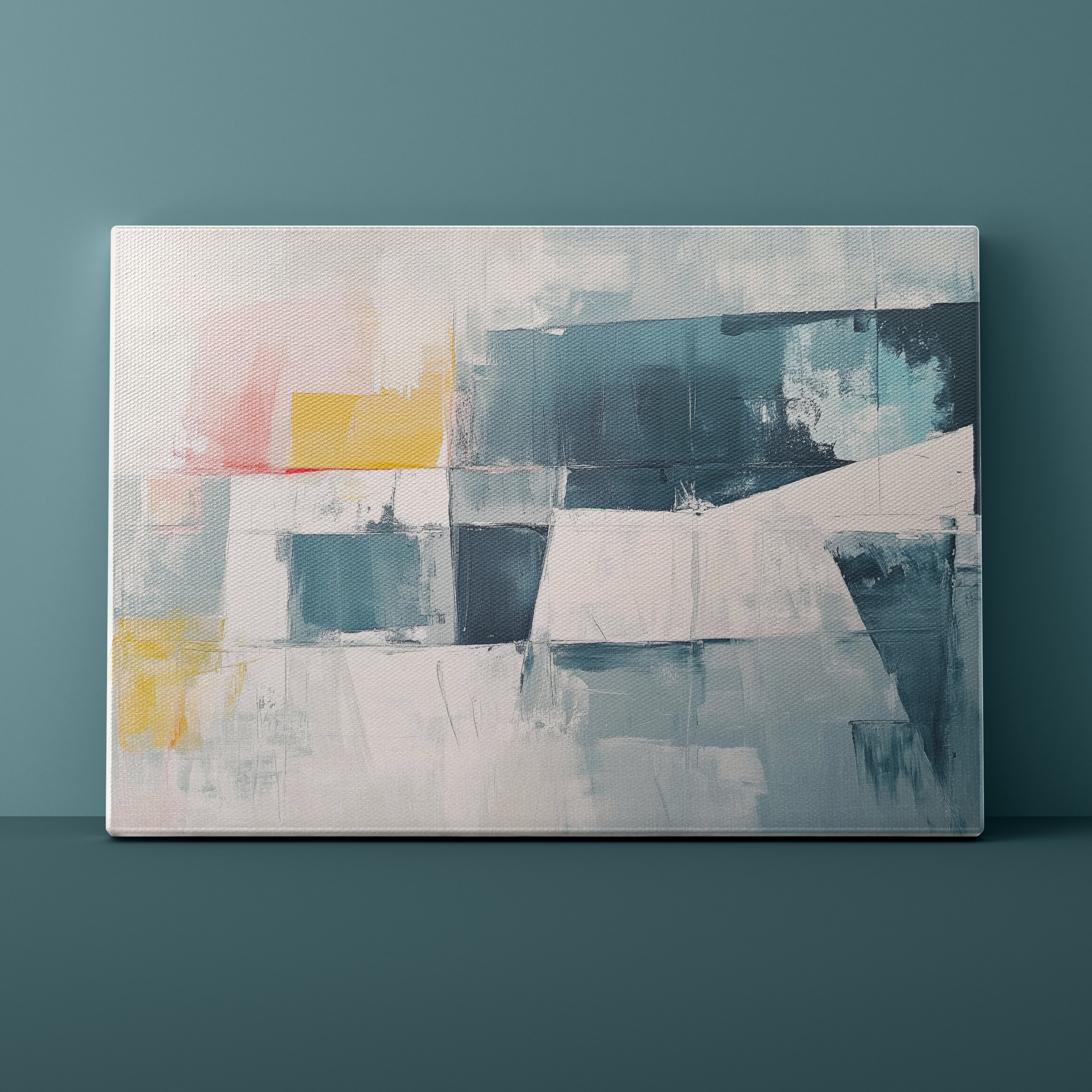 Abstract art canvas with geometric shapes on a teal wall