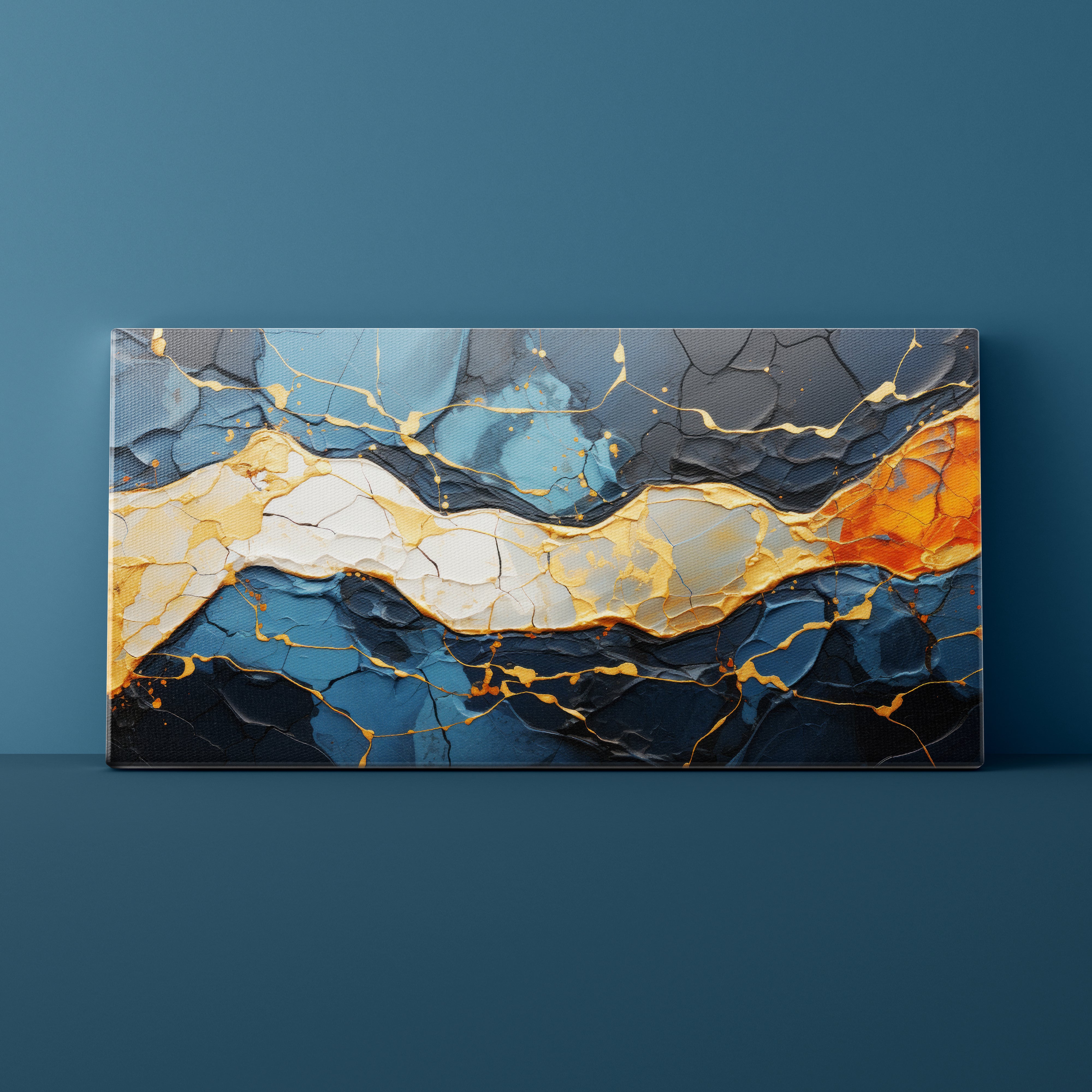 Abstract art piece with blue, gold, and orange colors on a dark blue background