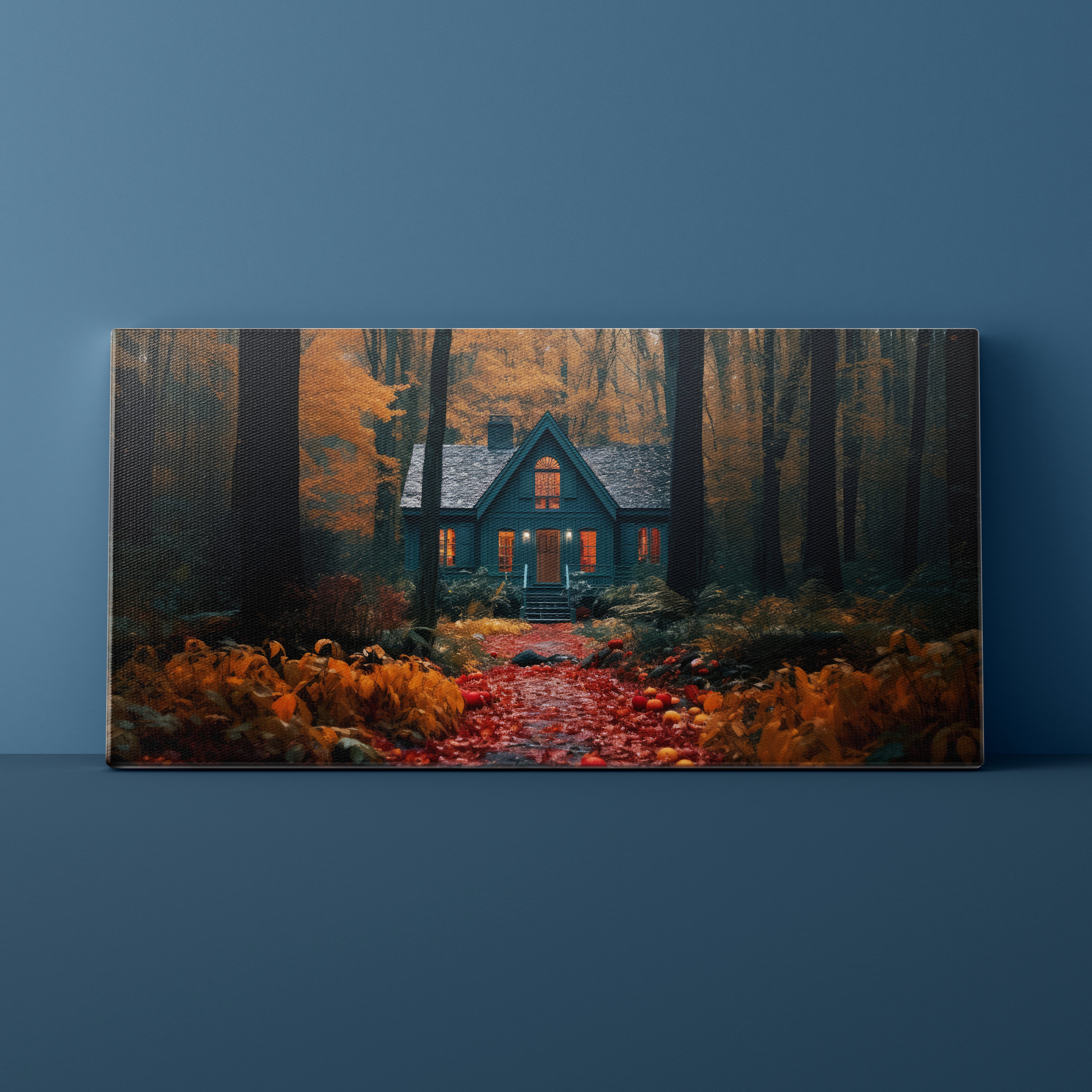 Painting of a house in the woods on a blue wall