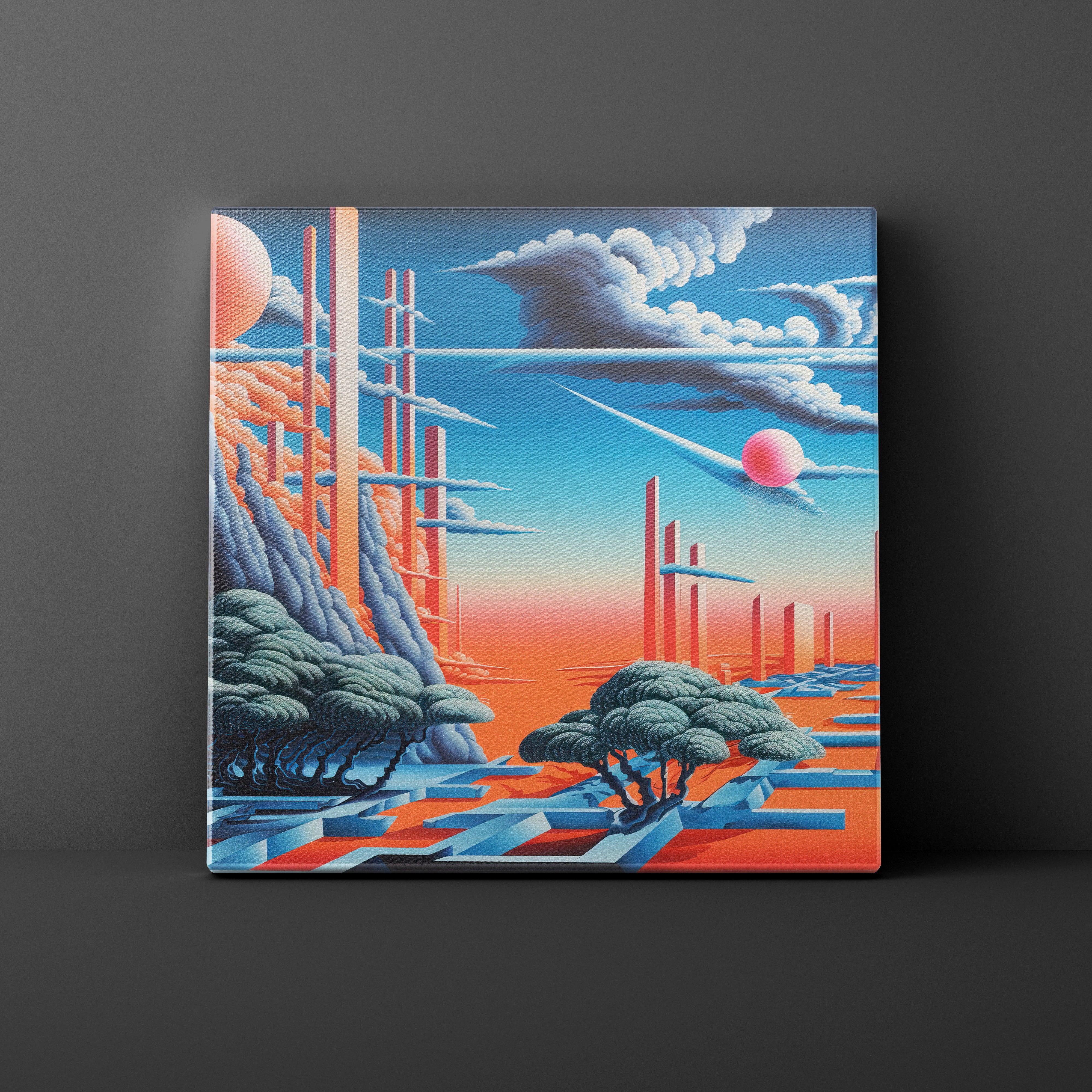 Canvas print of a futuristic landscape with trees and geometric structures on a dark background