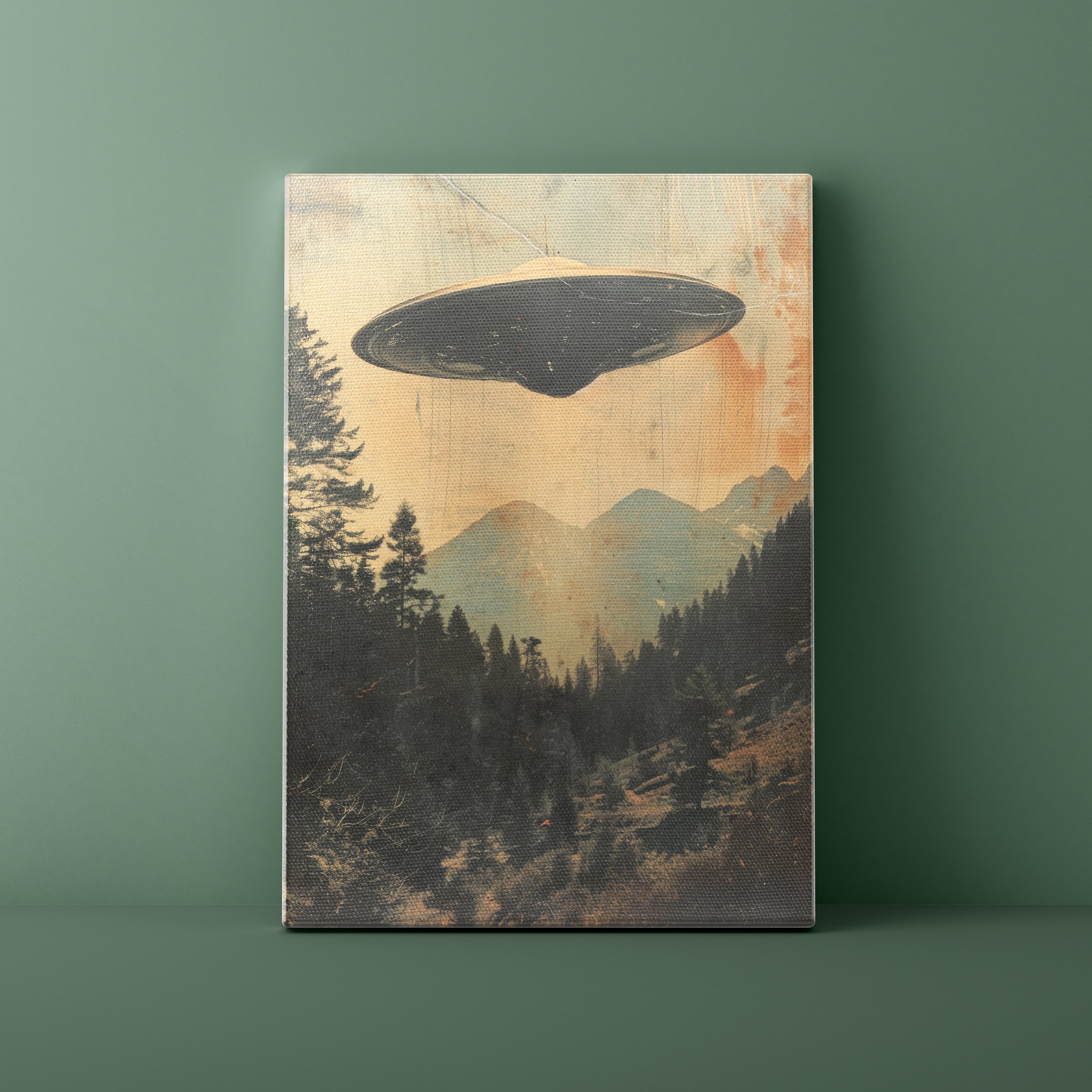 Canvas print with a UFO over a forest design on a green background