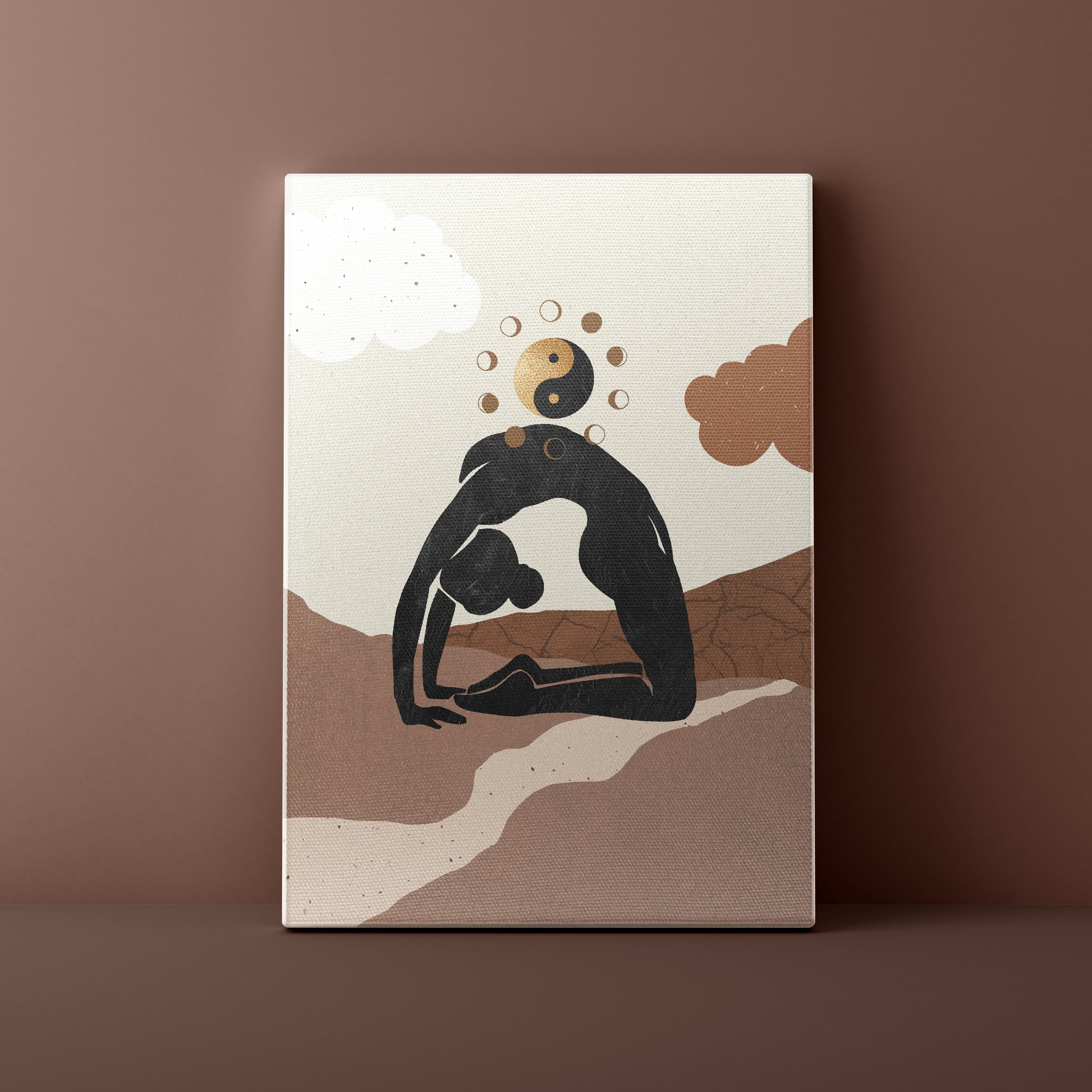 Canvas print with a stylized illustration of a person in a yoga pose against a mountainous landscape.