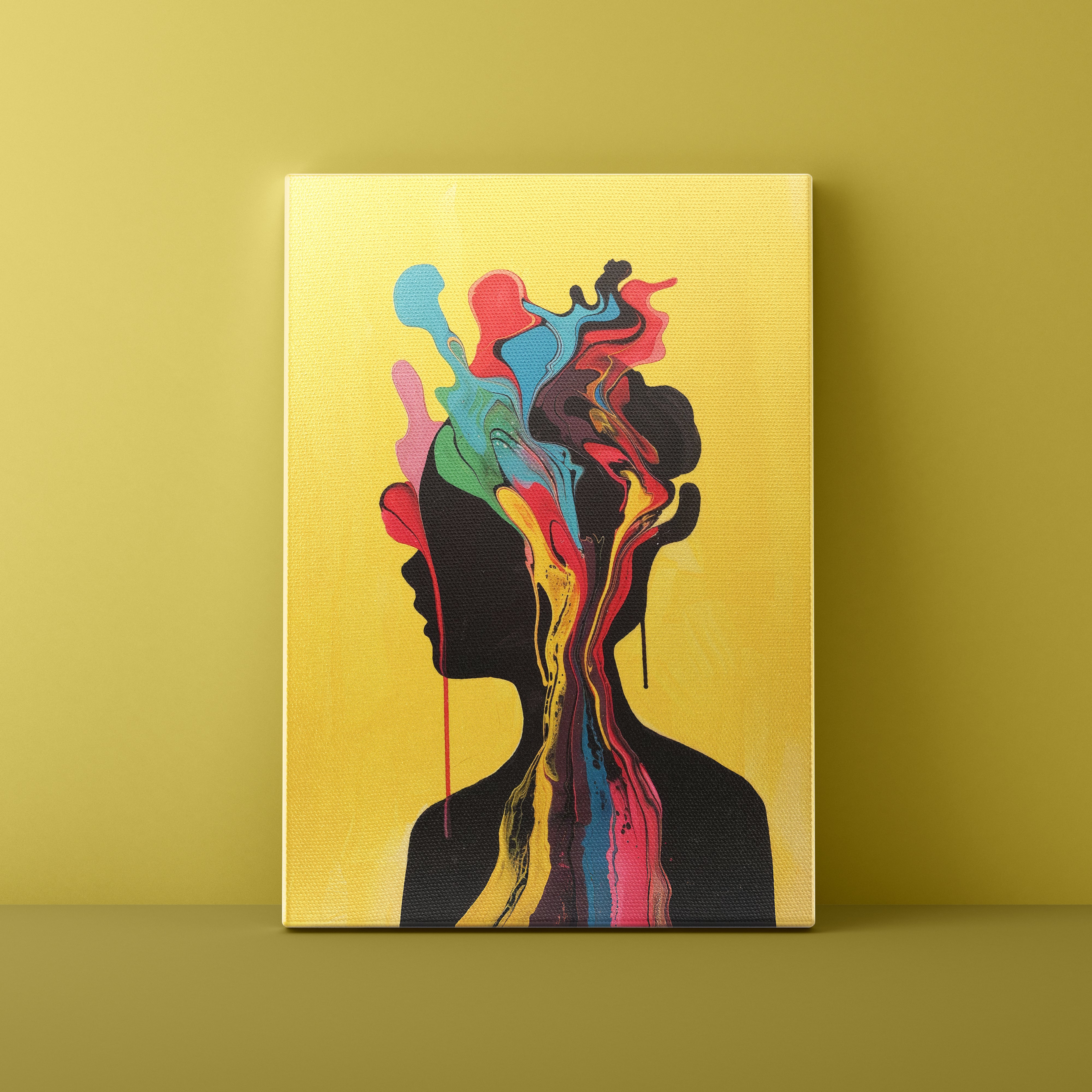 Canvas print with a colorful abstract design of a silhouette against a yellow background