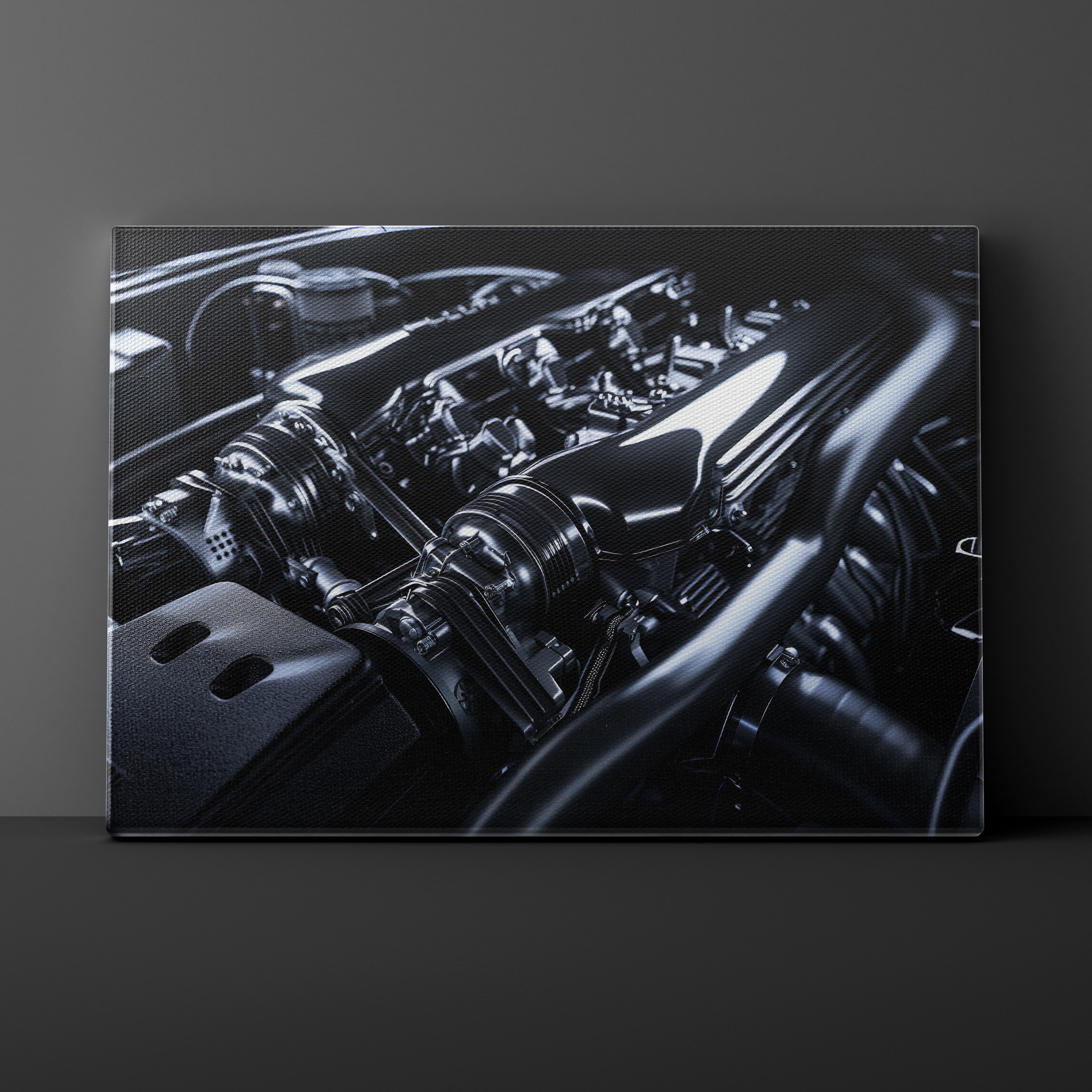 Close-up of a car engine on a dark background