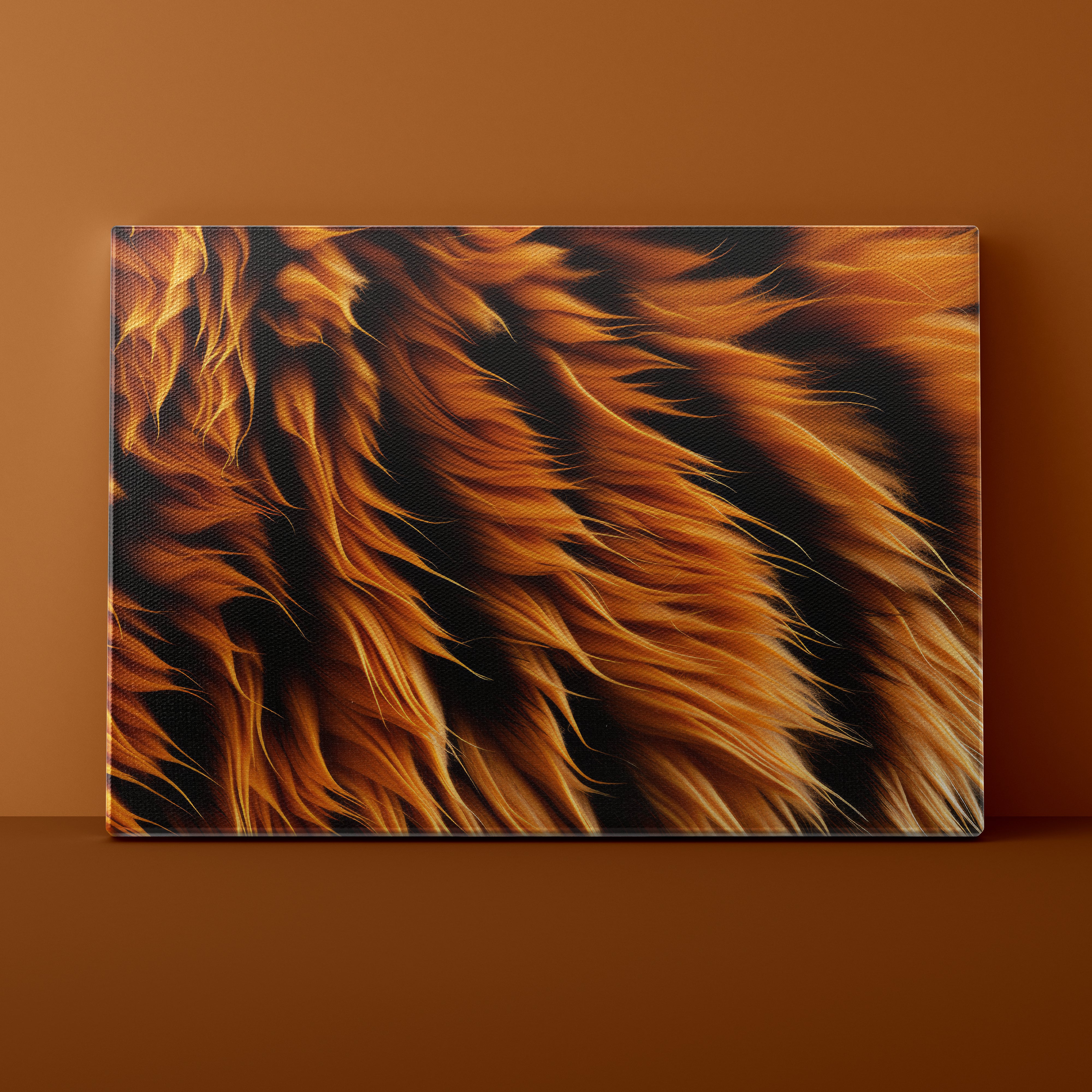 Close-up of a tiger's fur pattern on a brown background
