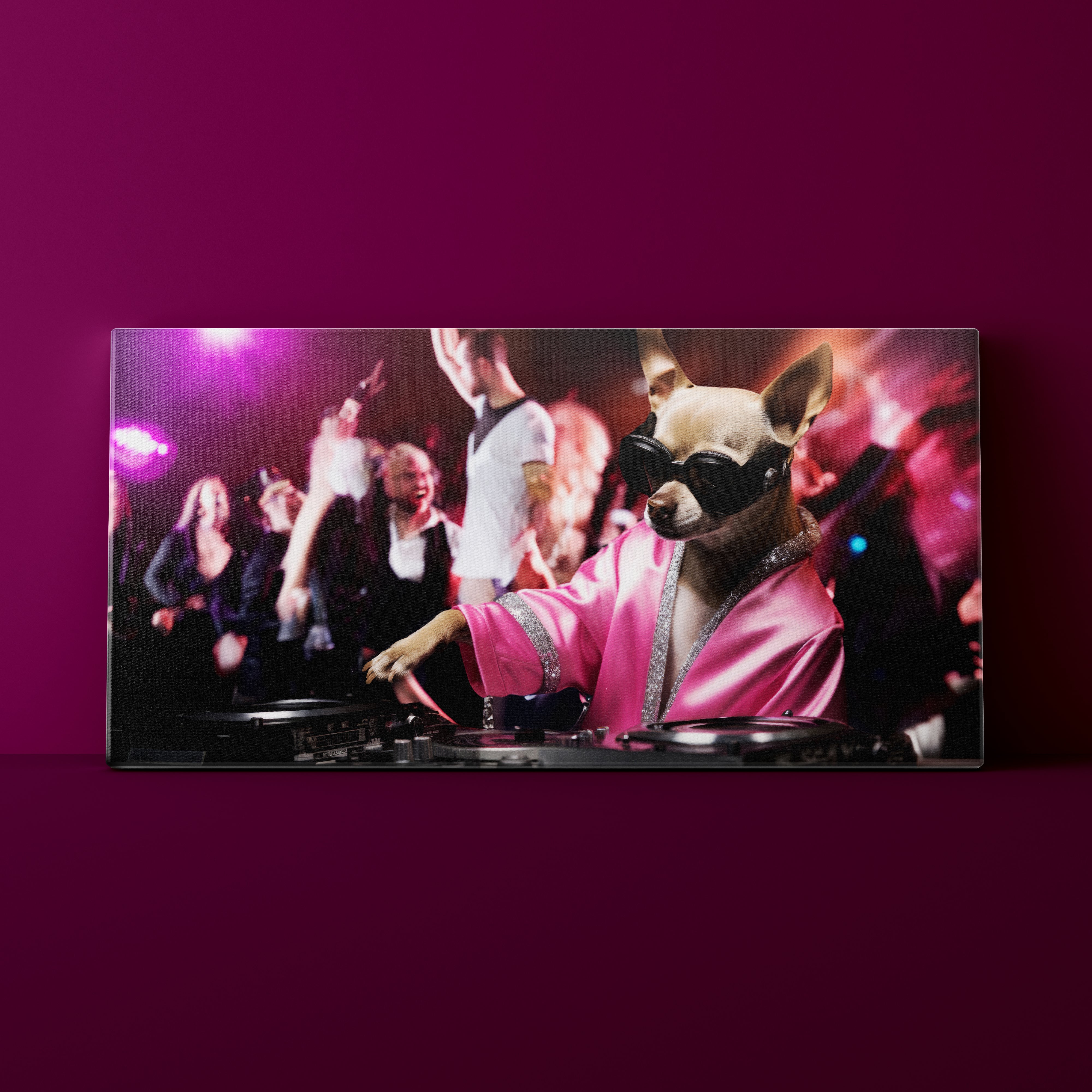 Dog in a pink outfit DJing with people in the background on a purple background