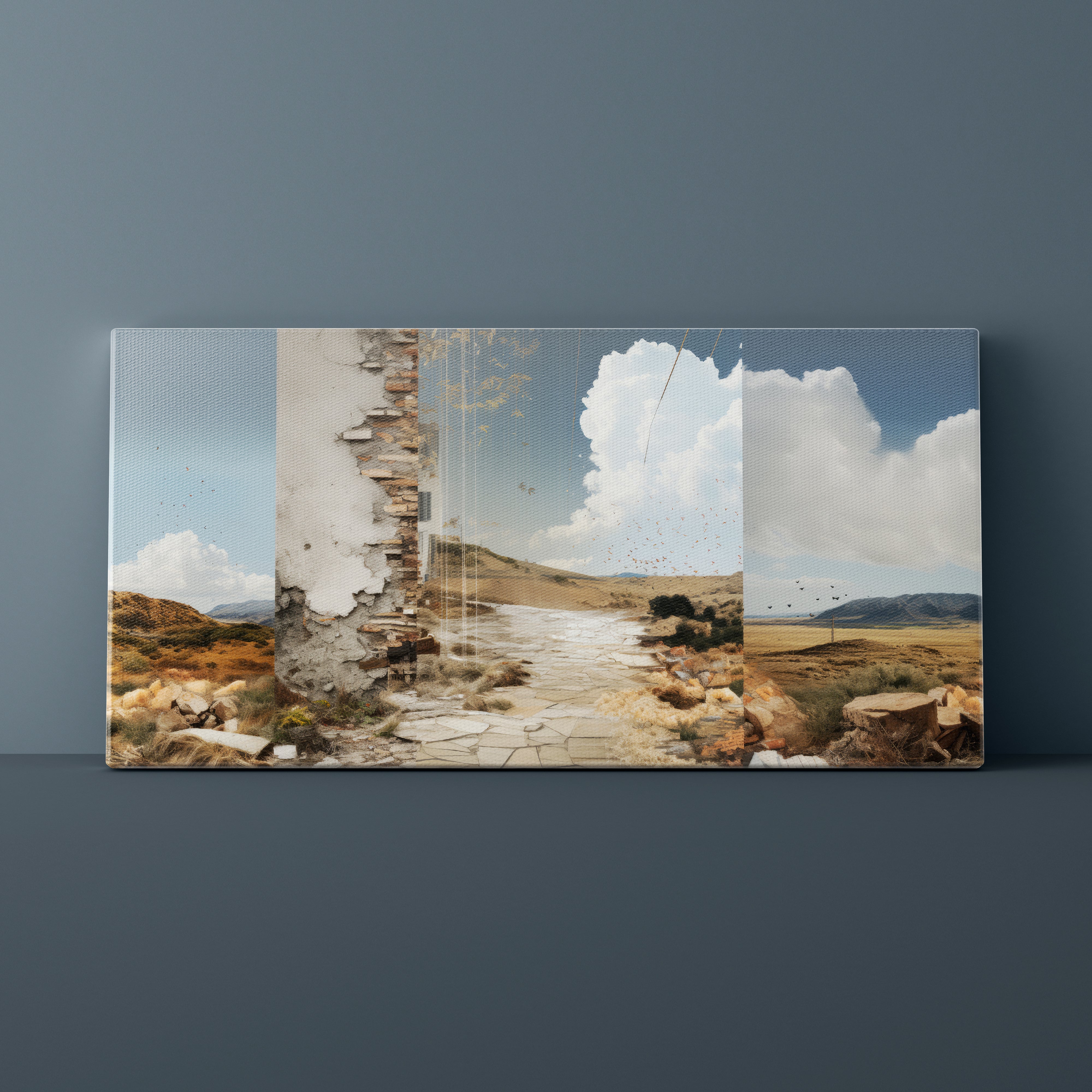 Framed artwork of a landscape with a dilapidated wall and open field on a dark gray background
