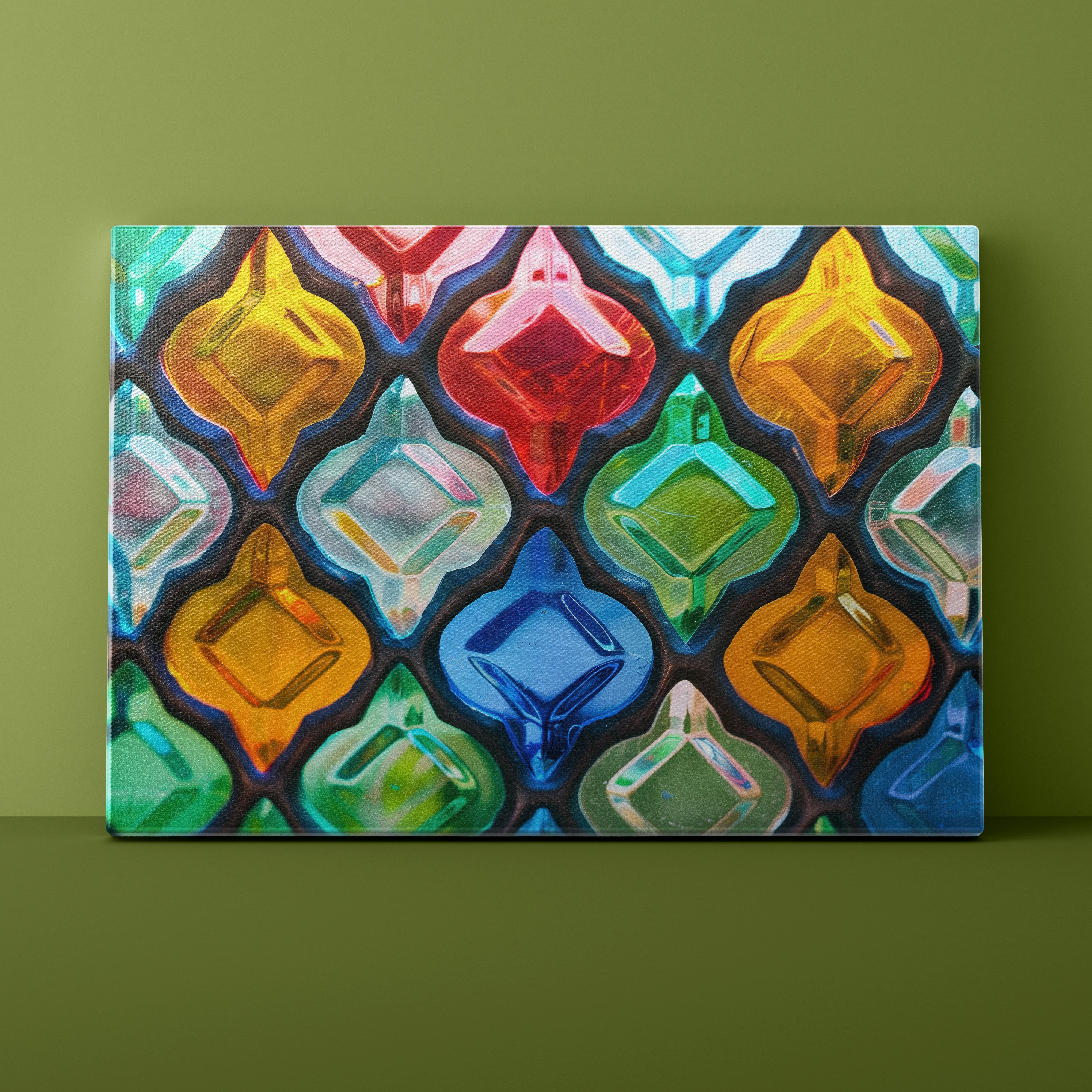 Colorful geometric patterned canvas on a green wall