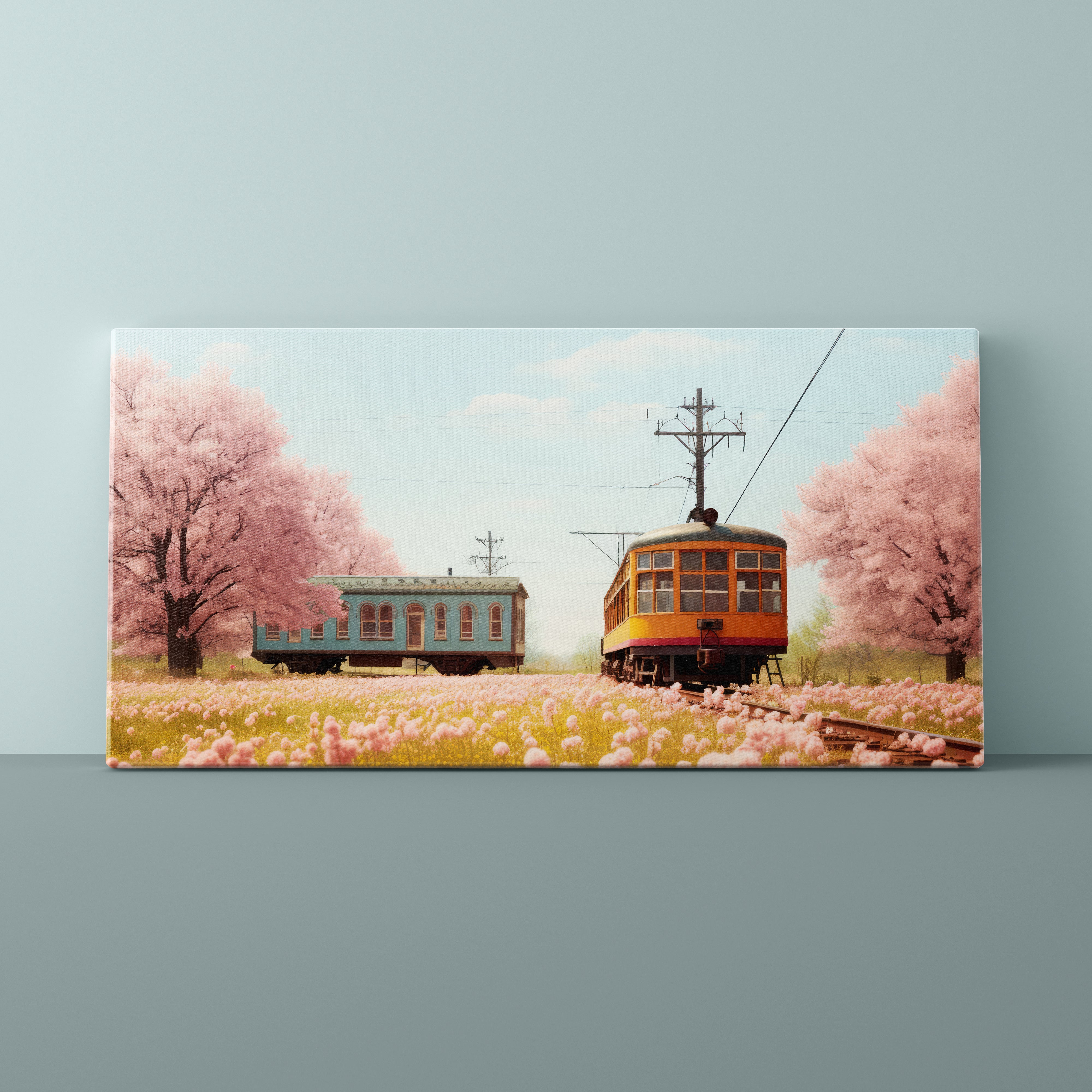 Canvas print of two vintage trains under cherry blossom trees on a light blue background