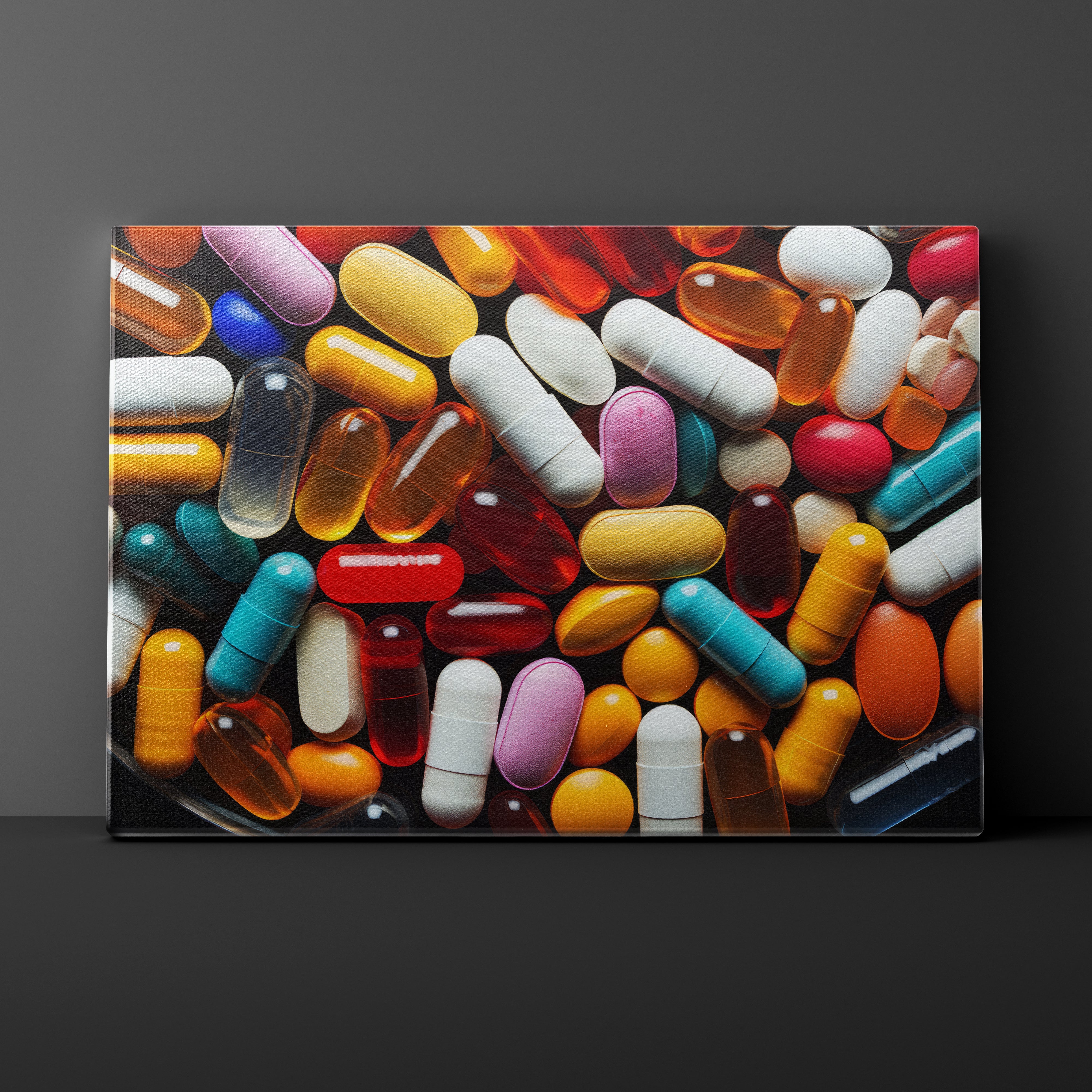 Canvas print of colorful pills and capsules on a dark background