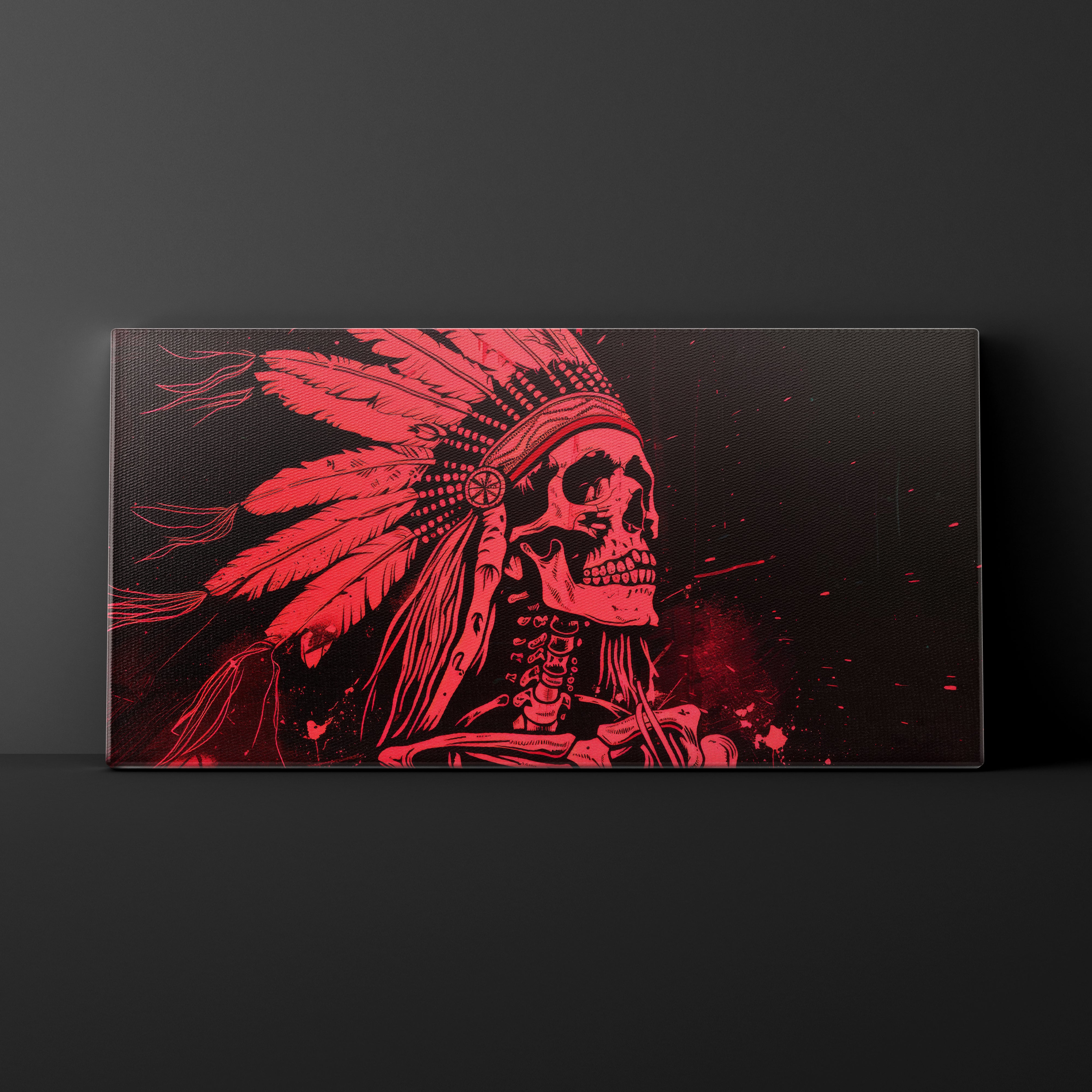 Red skull with headdress design on a black background