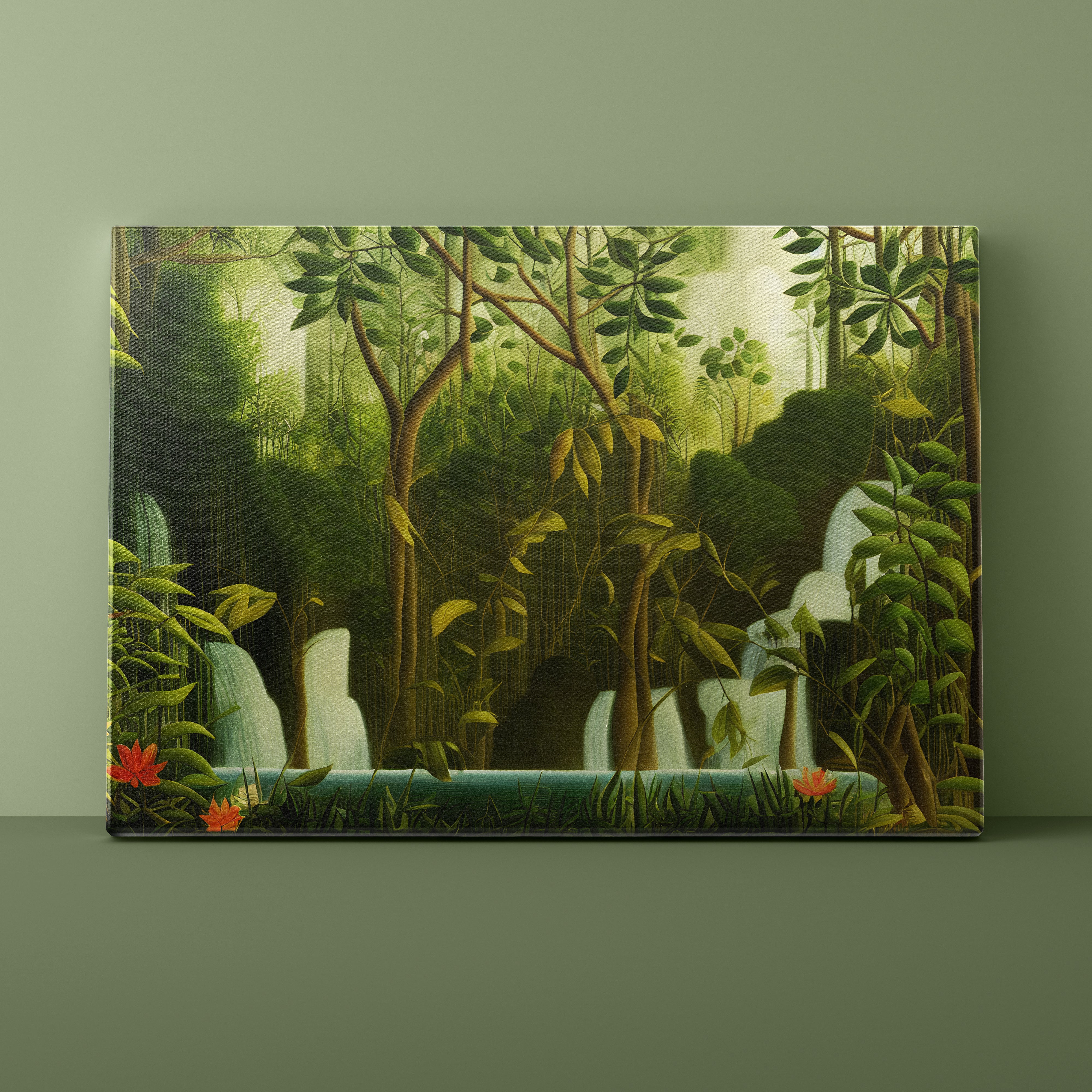 Illustration of a lush jungle with trees, flowers, and waterfalls.