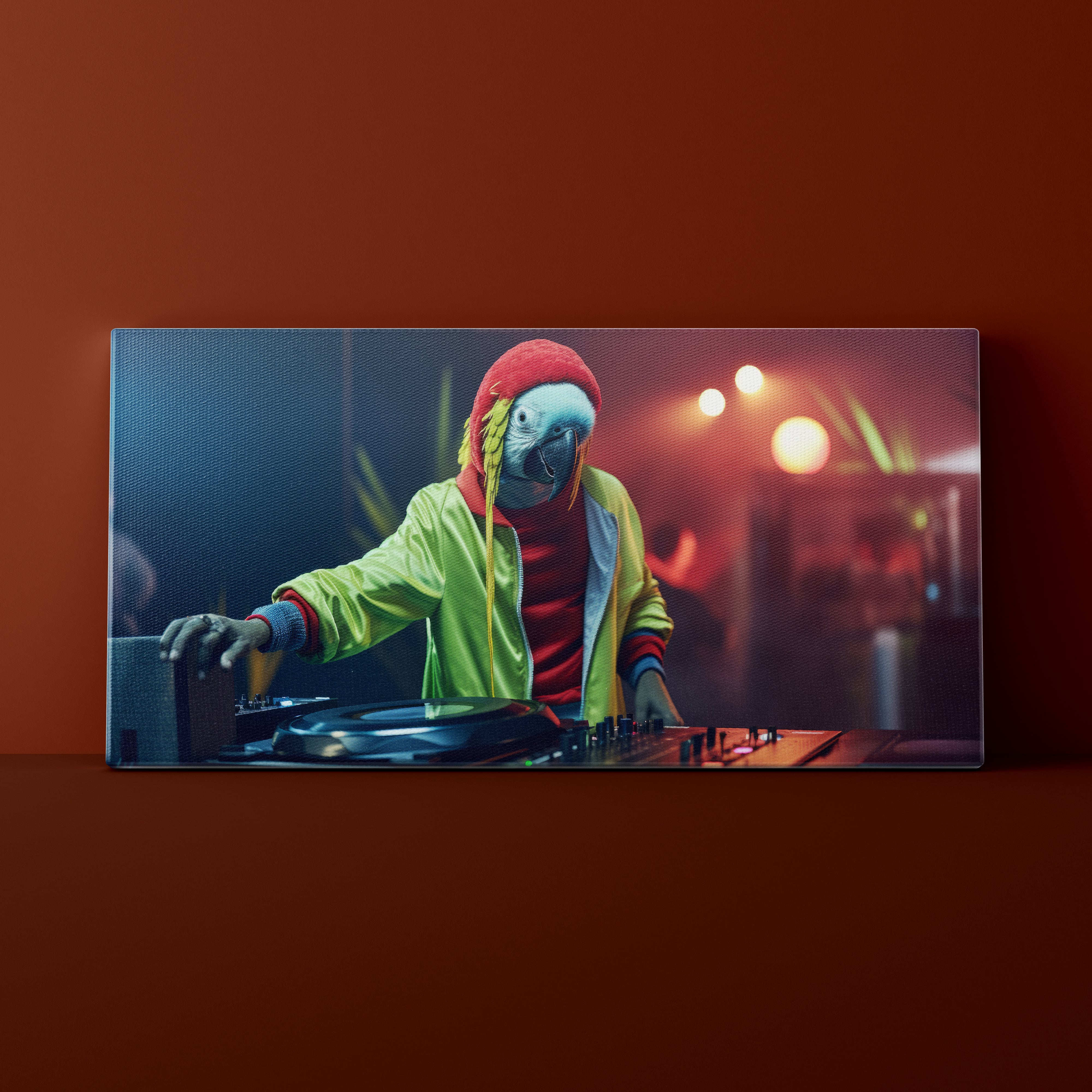 Person wearing a colorful outfit and mask, standing behind DJ equipment on a dark background.