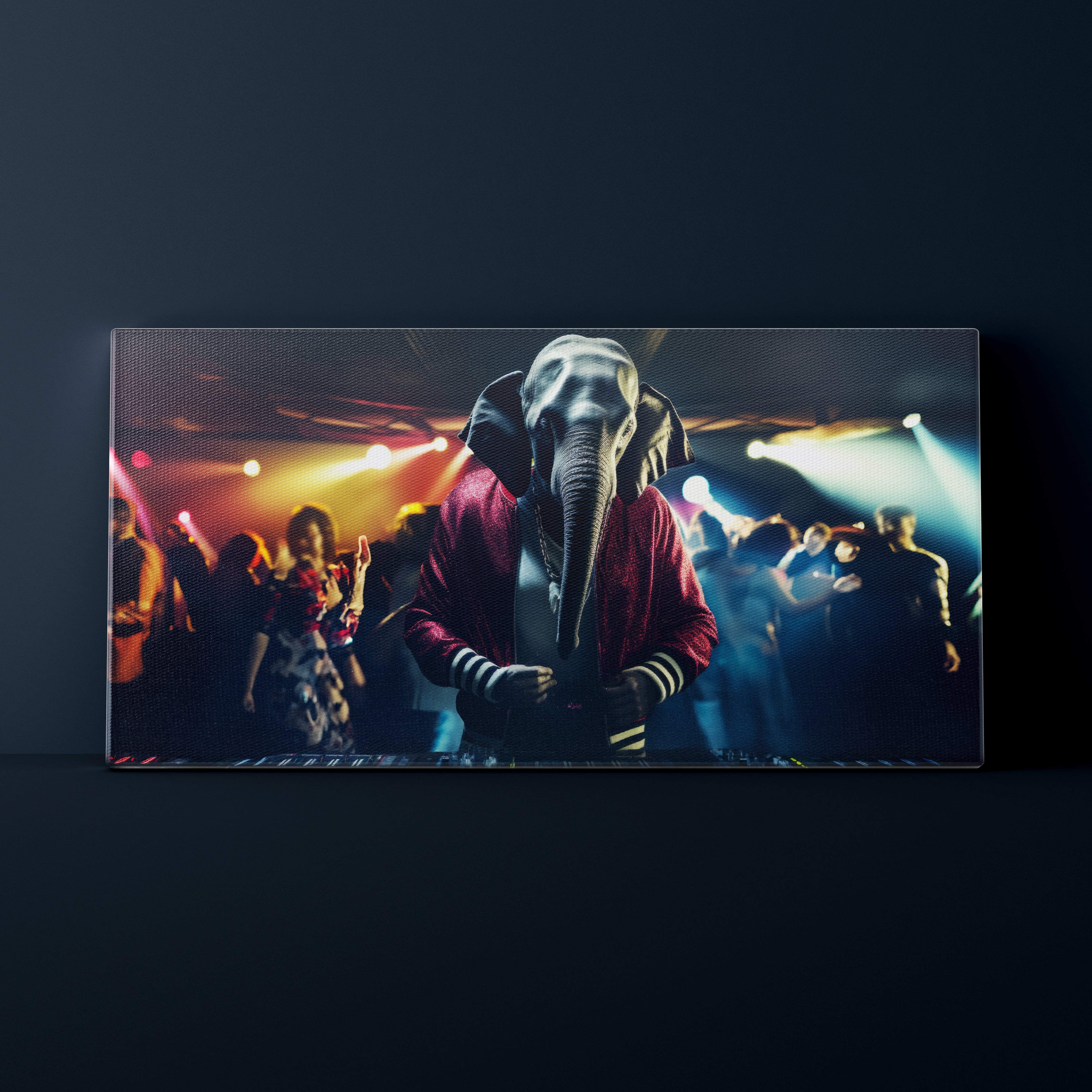 Person wearing a mask in a crowd with colorful lights