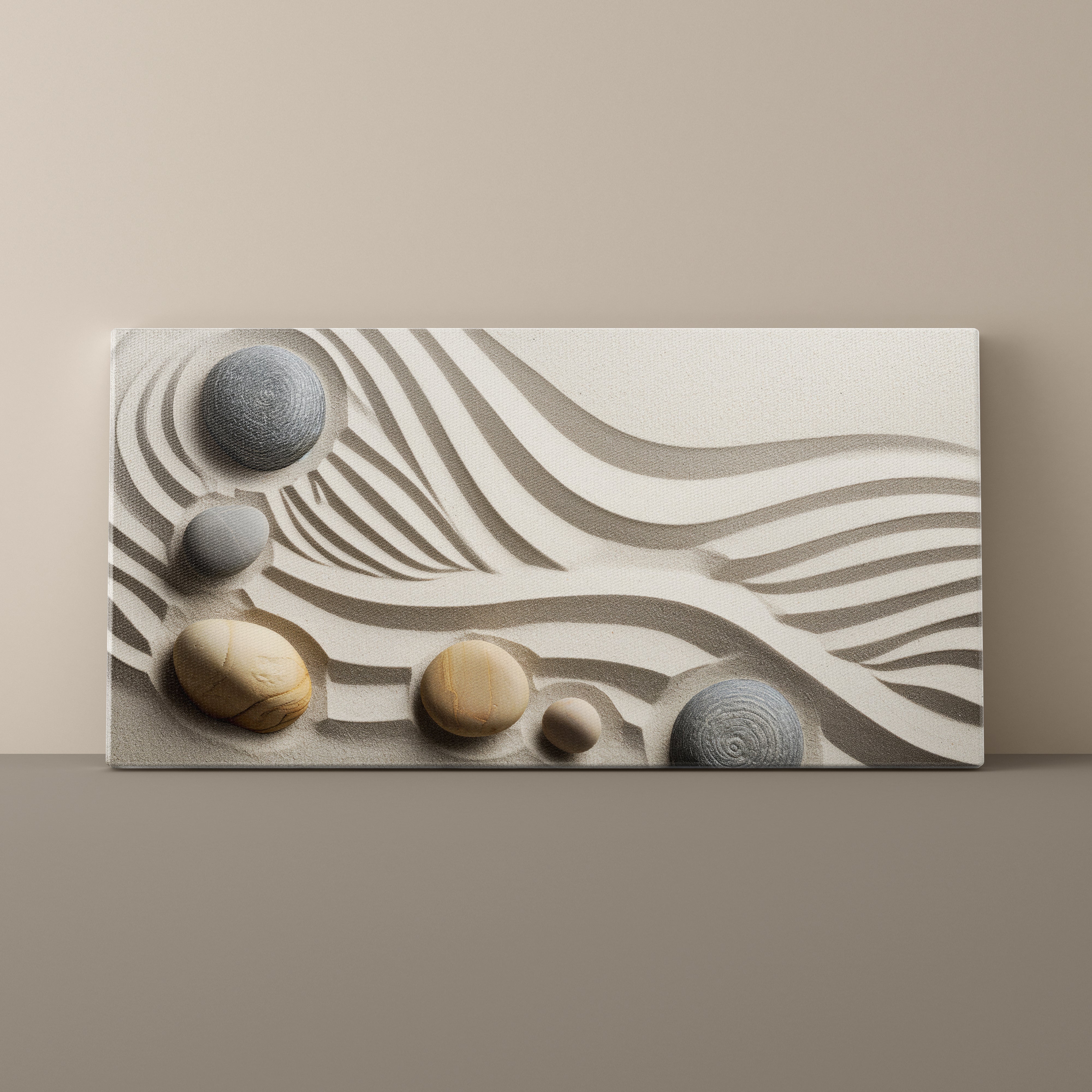 Canvas print with wavy pattern and stones on a beige background