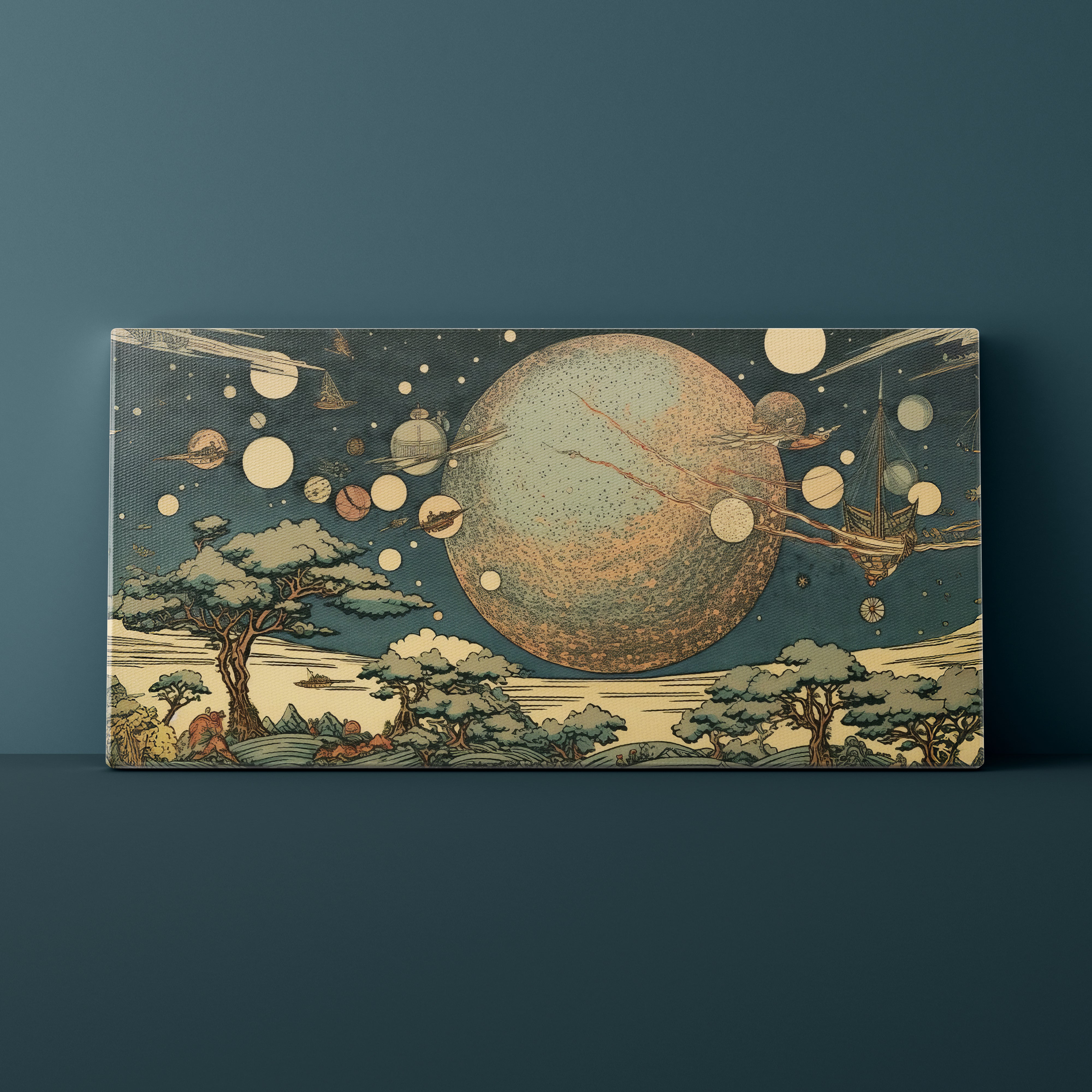 Canvas print of a celestial scene with planets and trees on a dark blue background