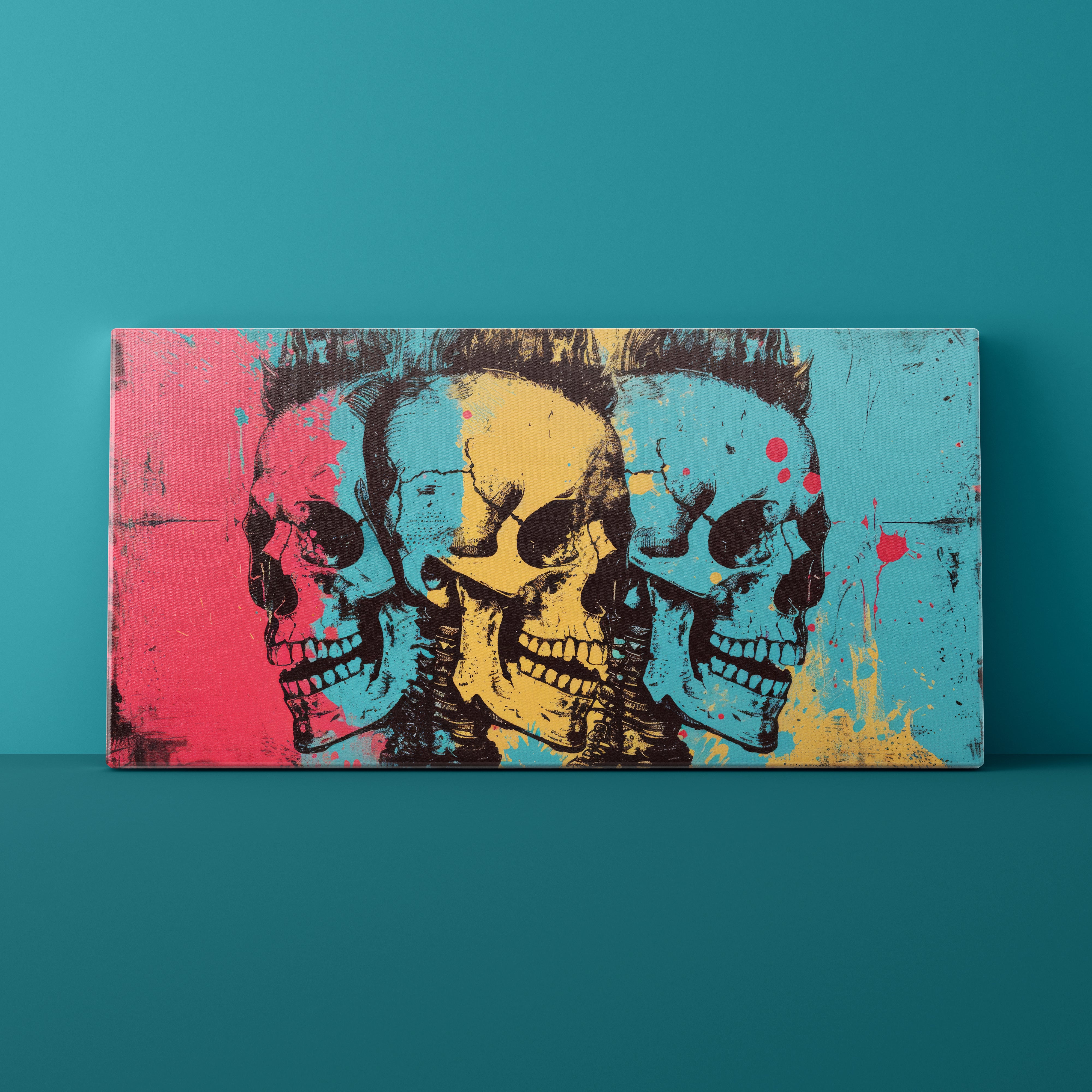 Canvas print with colorful skull design on a teal background