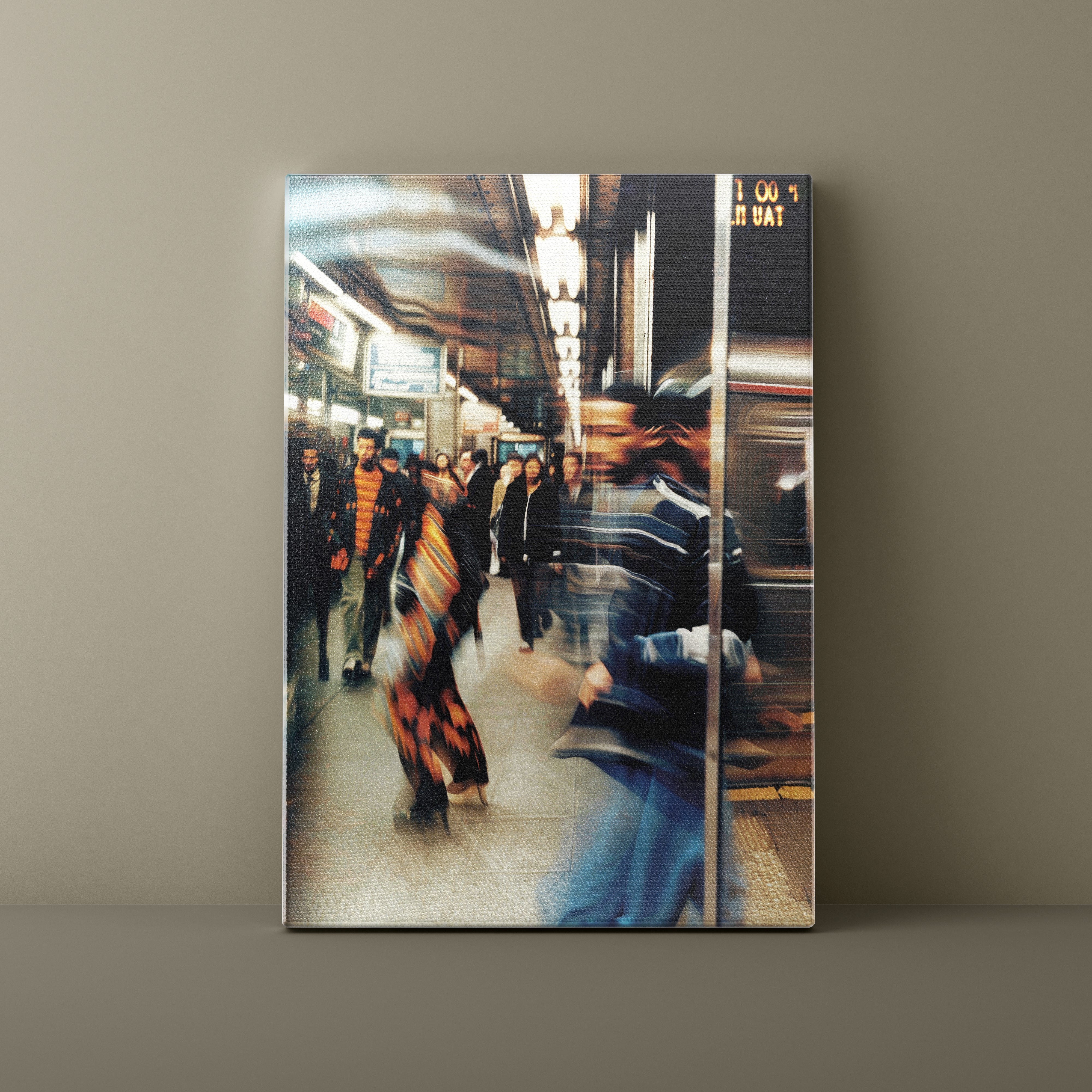 Framed artwork of a busy subway scene with people and a train.