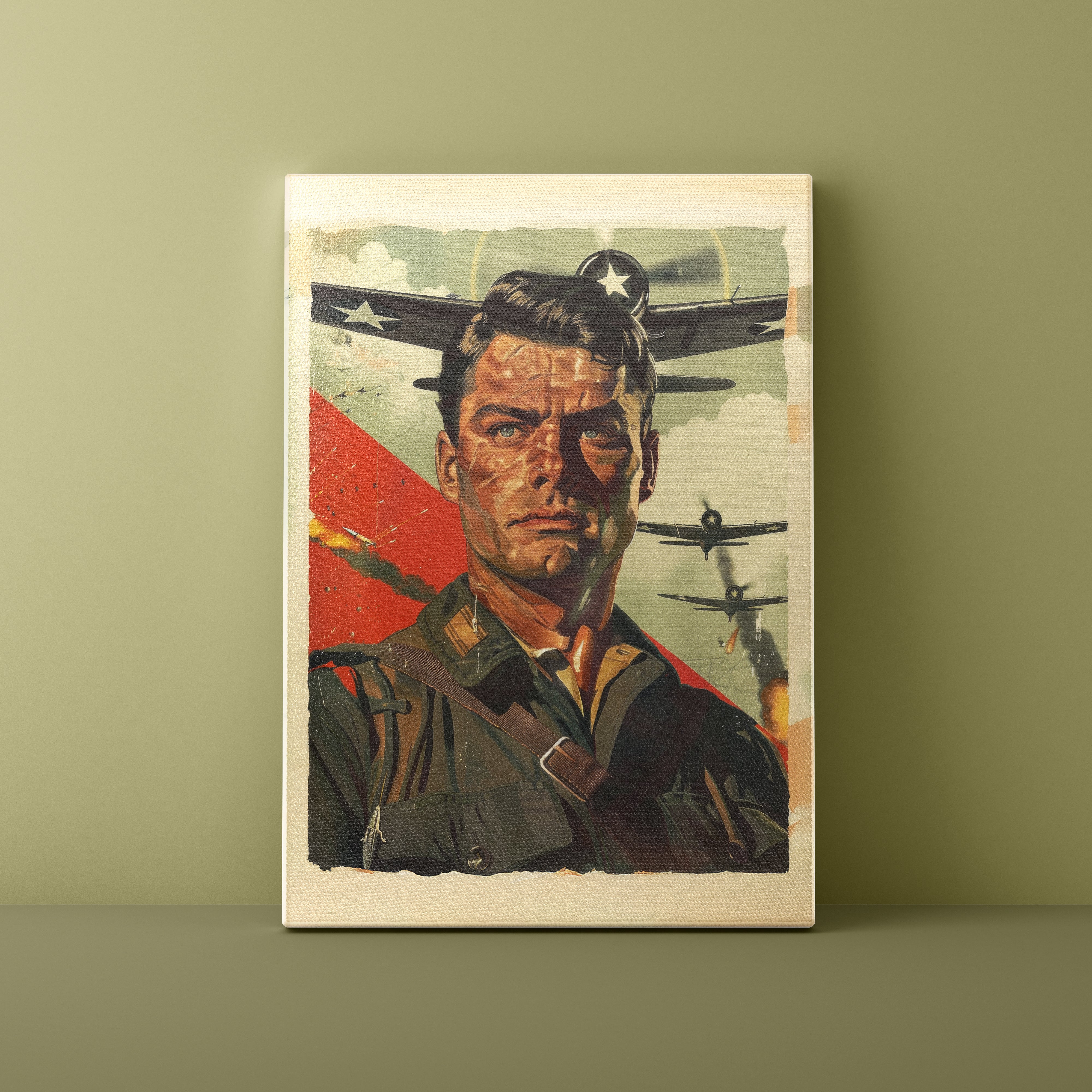 Framed artwork of a soldier with airplanes in the background on a green wall.