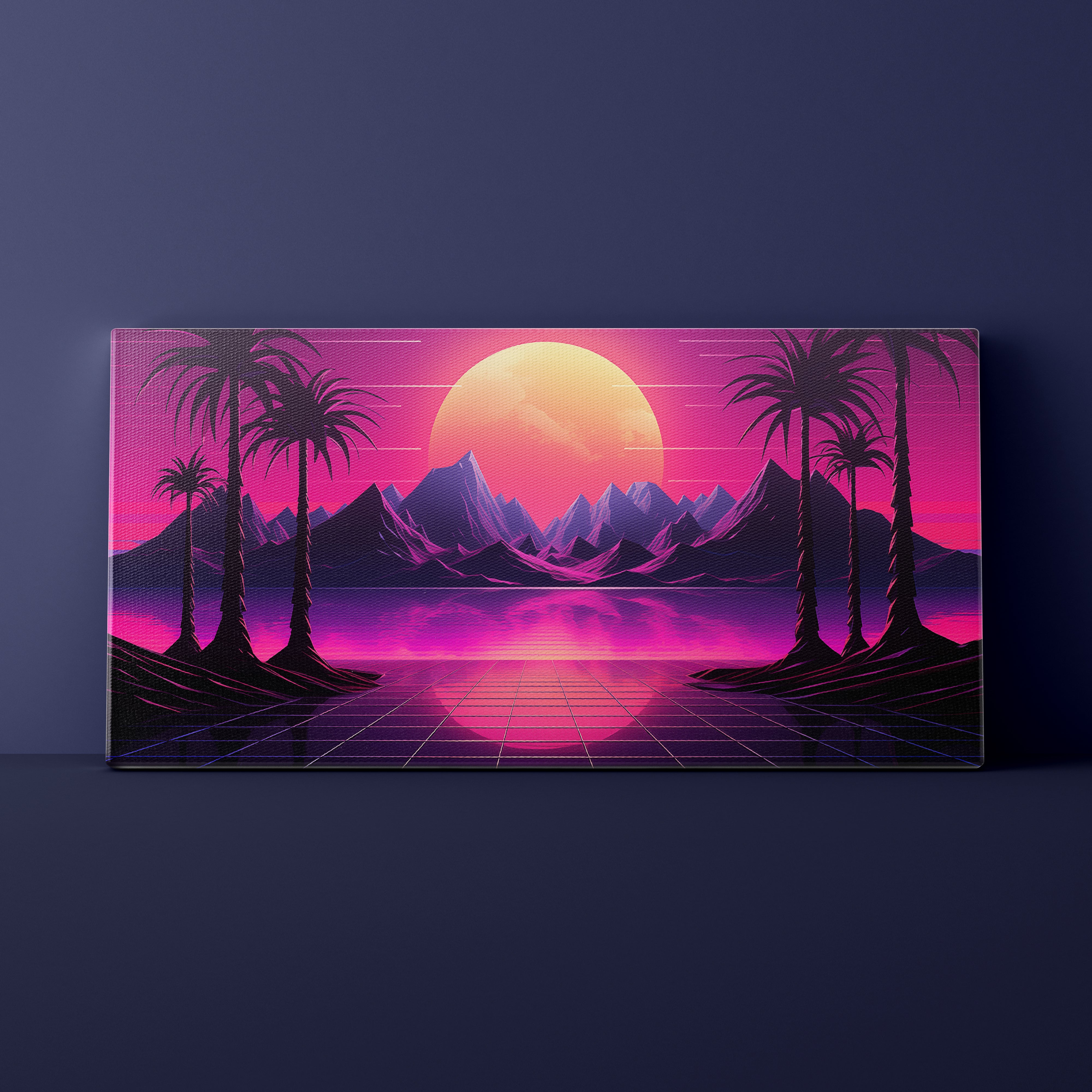 Futuristic landscape with palm trees, mountains, and a large sun on a dark blue background