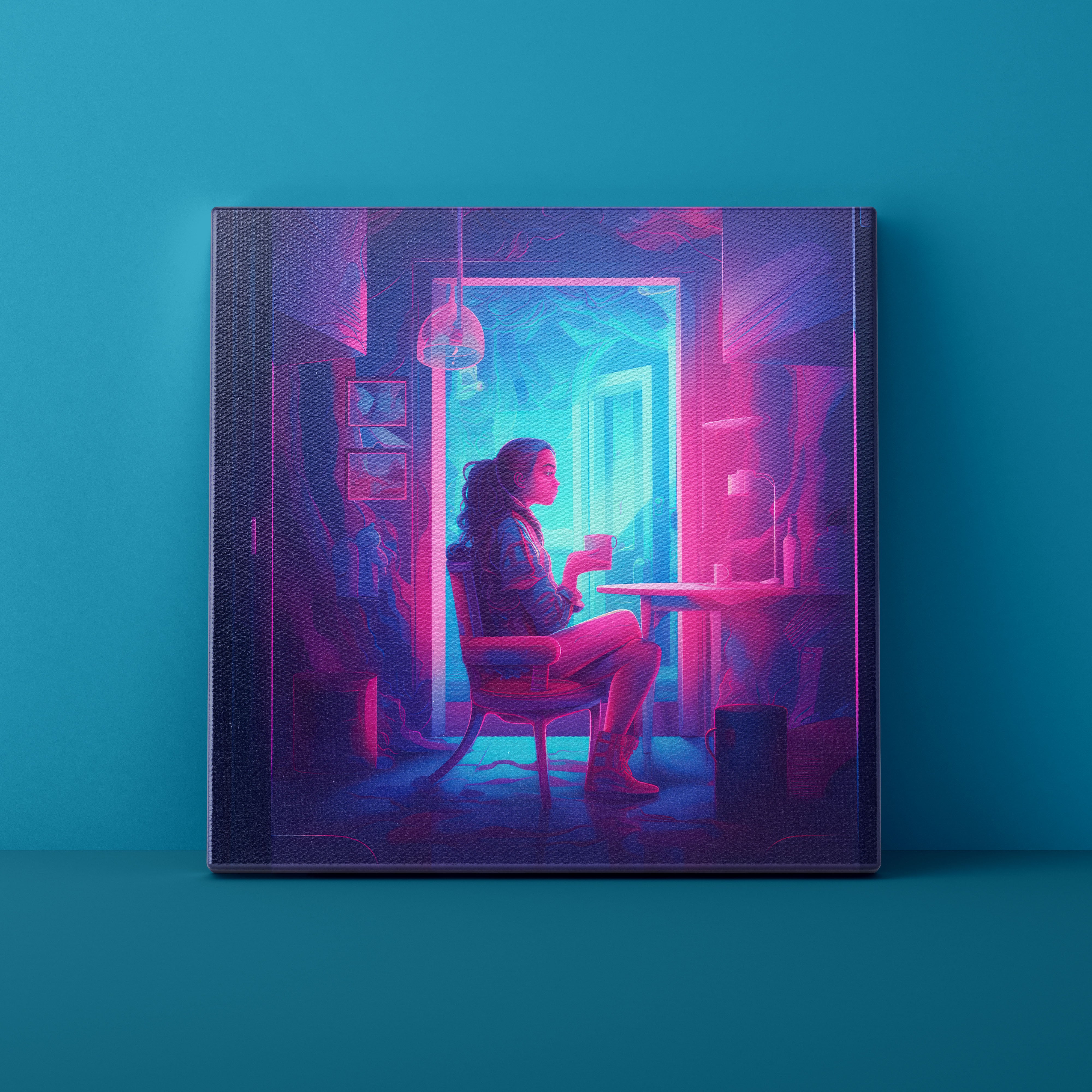 Framed artwork of a woman sitting at a table in a futuristic room with neon lighting.