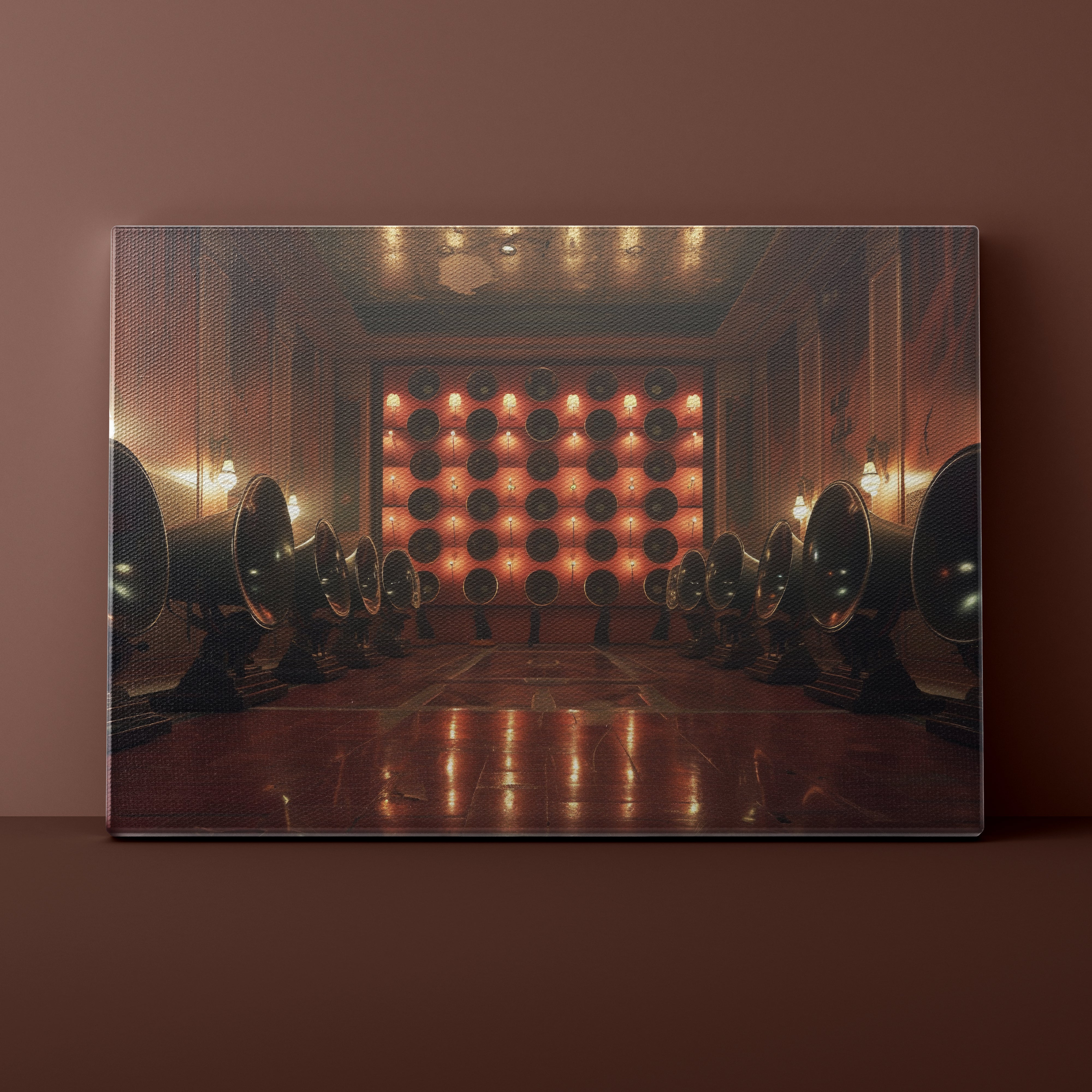 Canvas print of a room with speakers and a wall of lights on a brown wall.