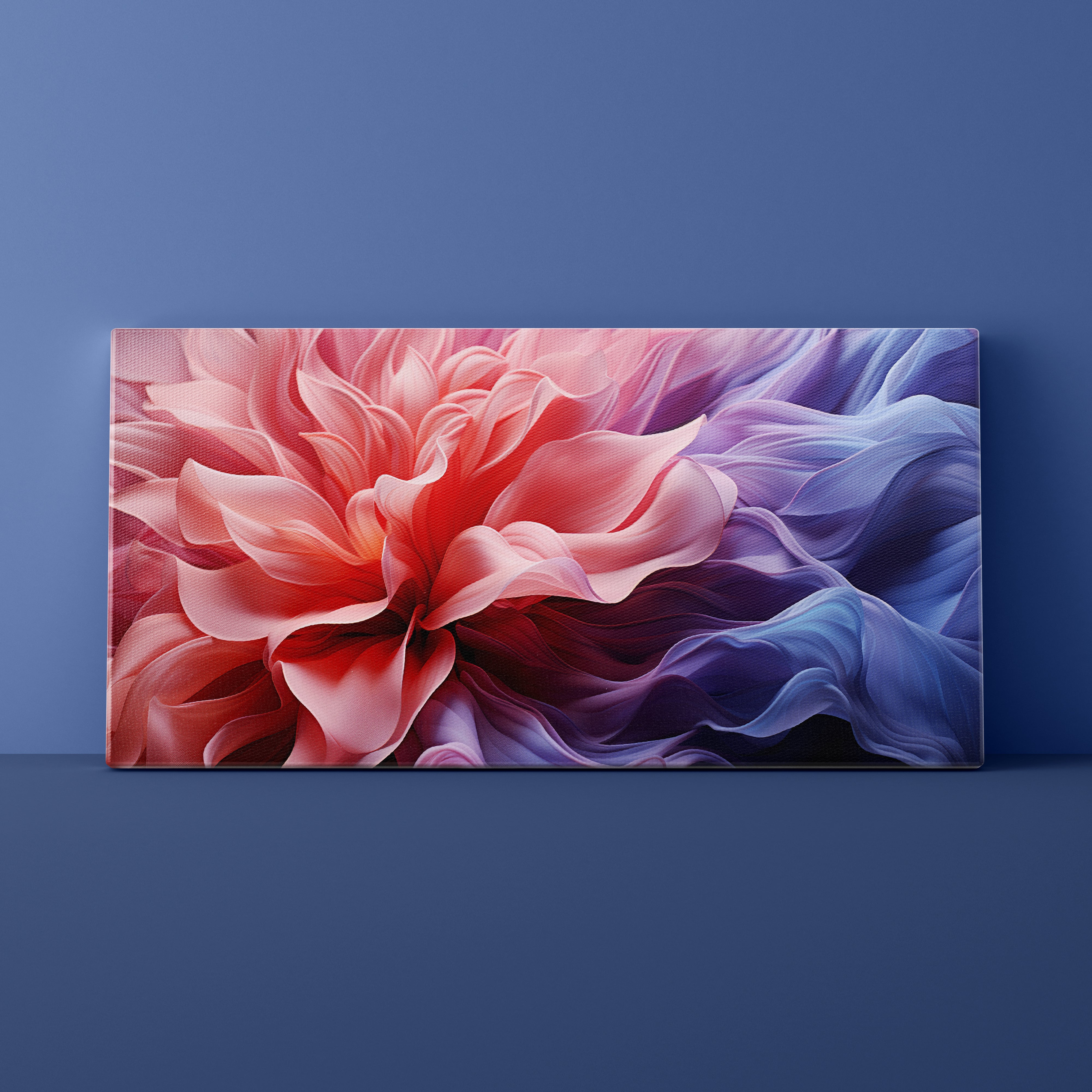 Canvas print of a pink and purple flower on a blue wall